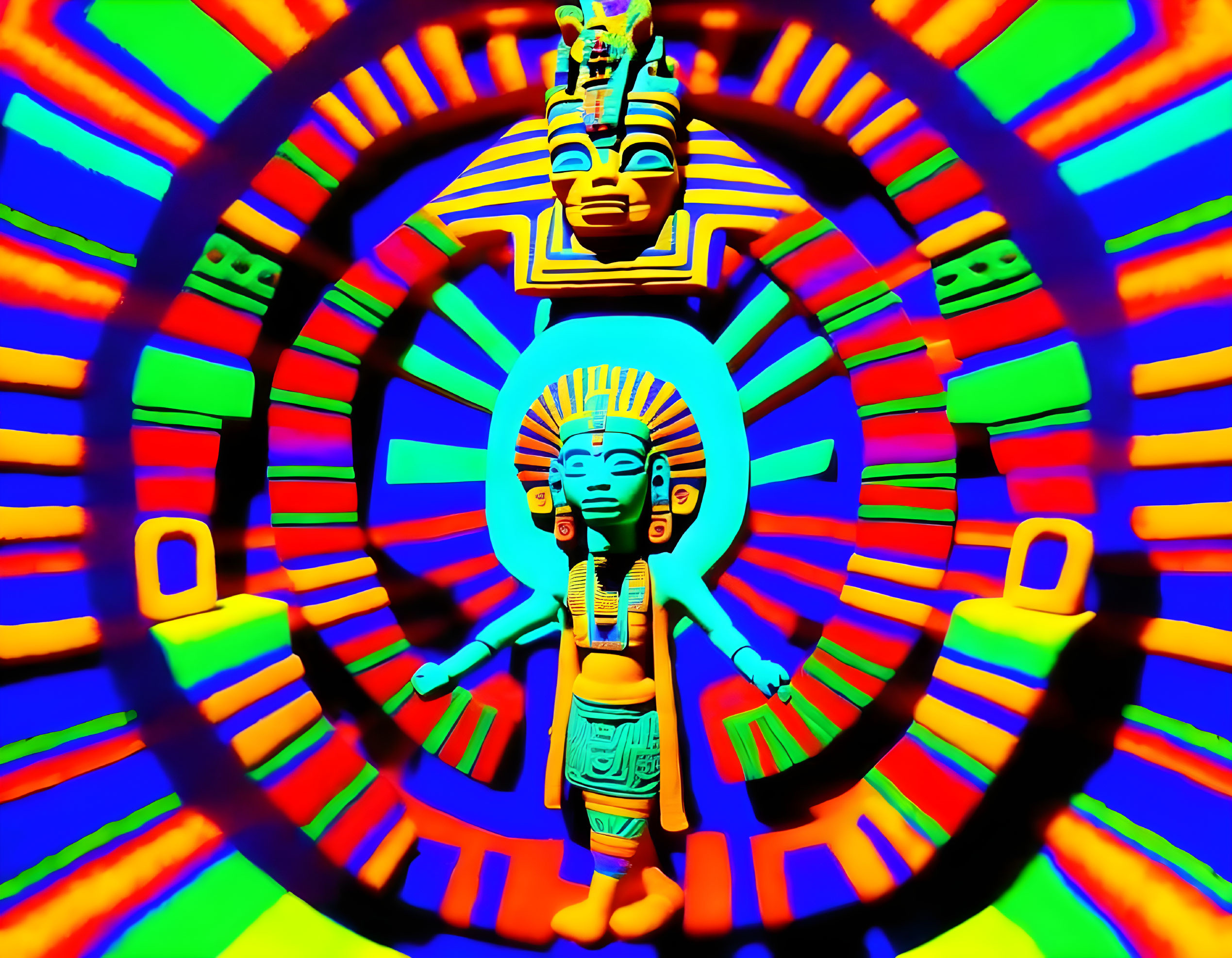 Colorful Egyptian Pharaoh statue with psychedelic pattern.