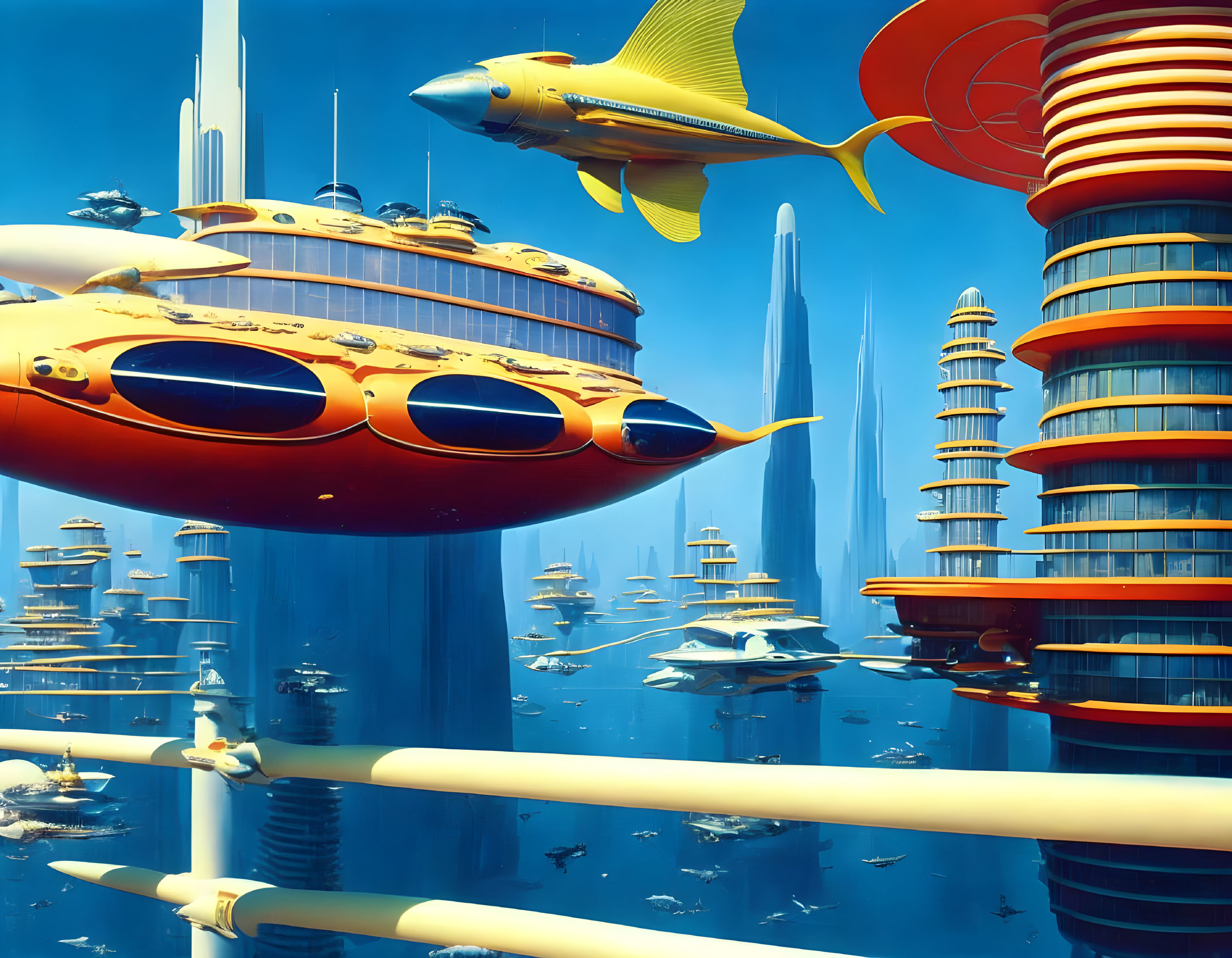 Vision of a Futuristic Underwater City with Fish-Shaped Submarines