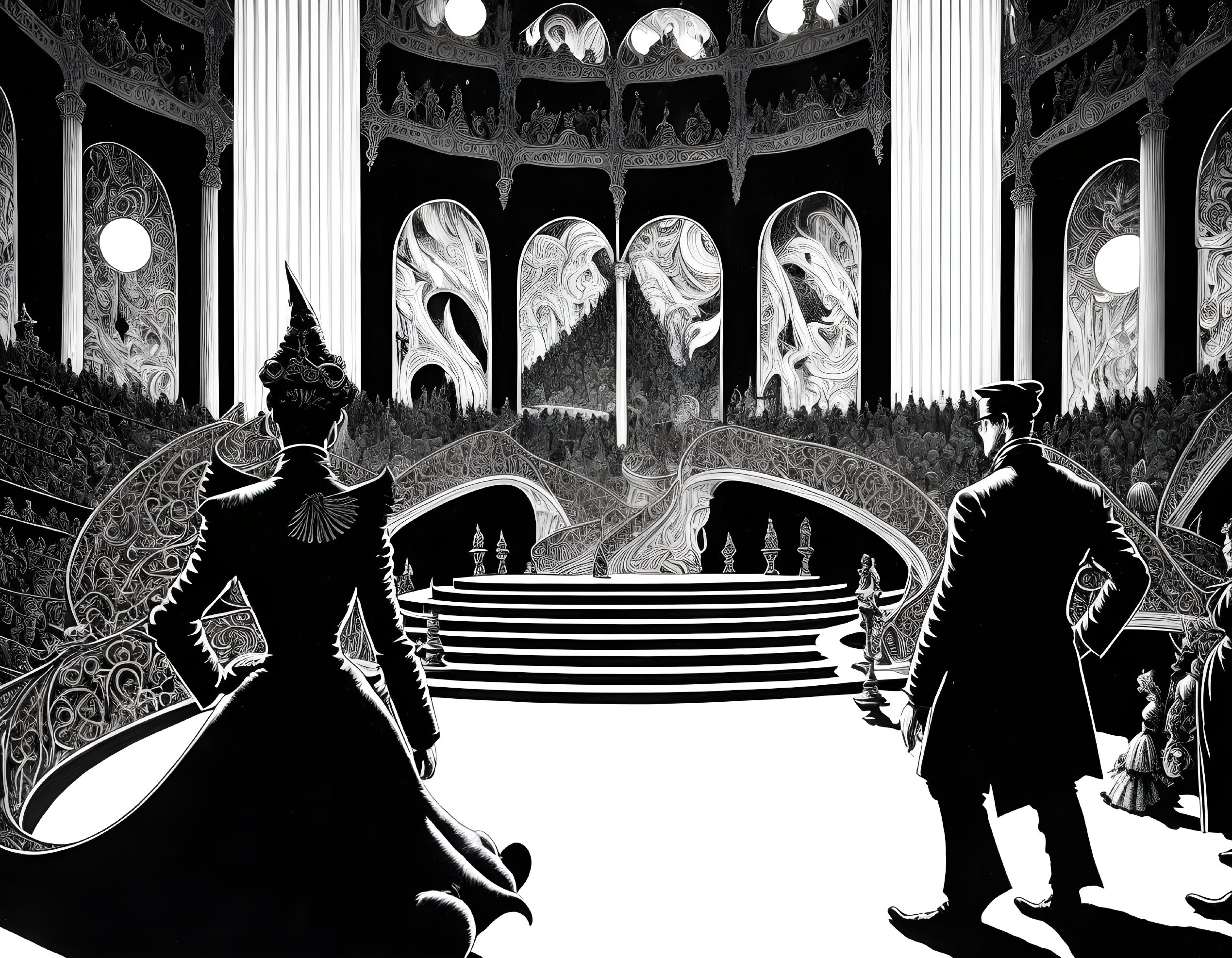 Detailed black and white illustration of man and woman in grand hall.