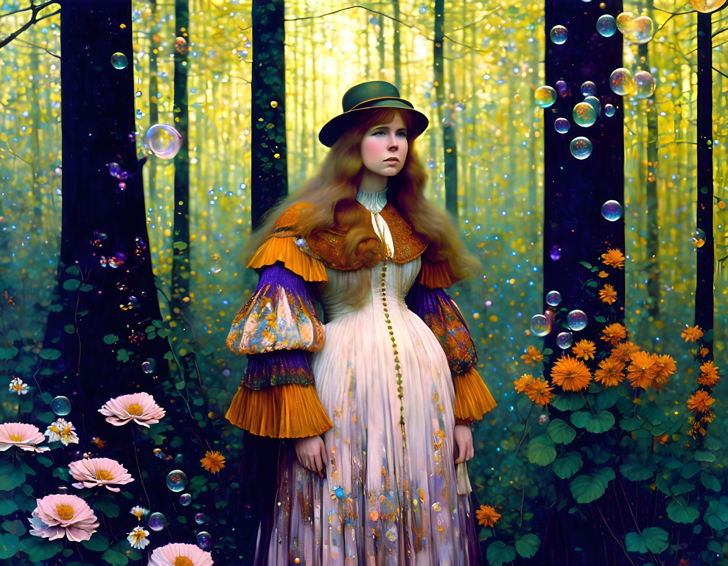 Vintage-dressed woman in mystical forest with bubbles and flowers