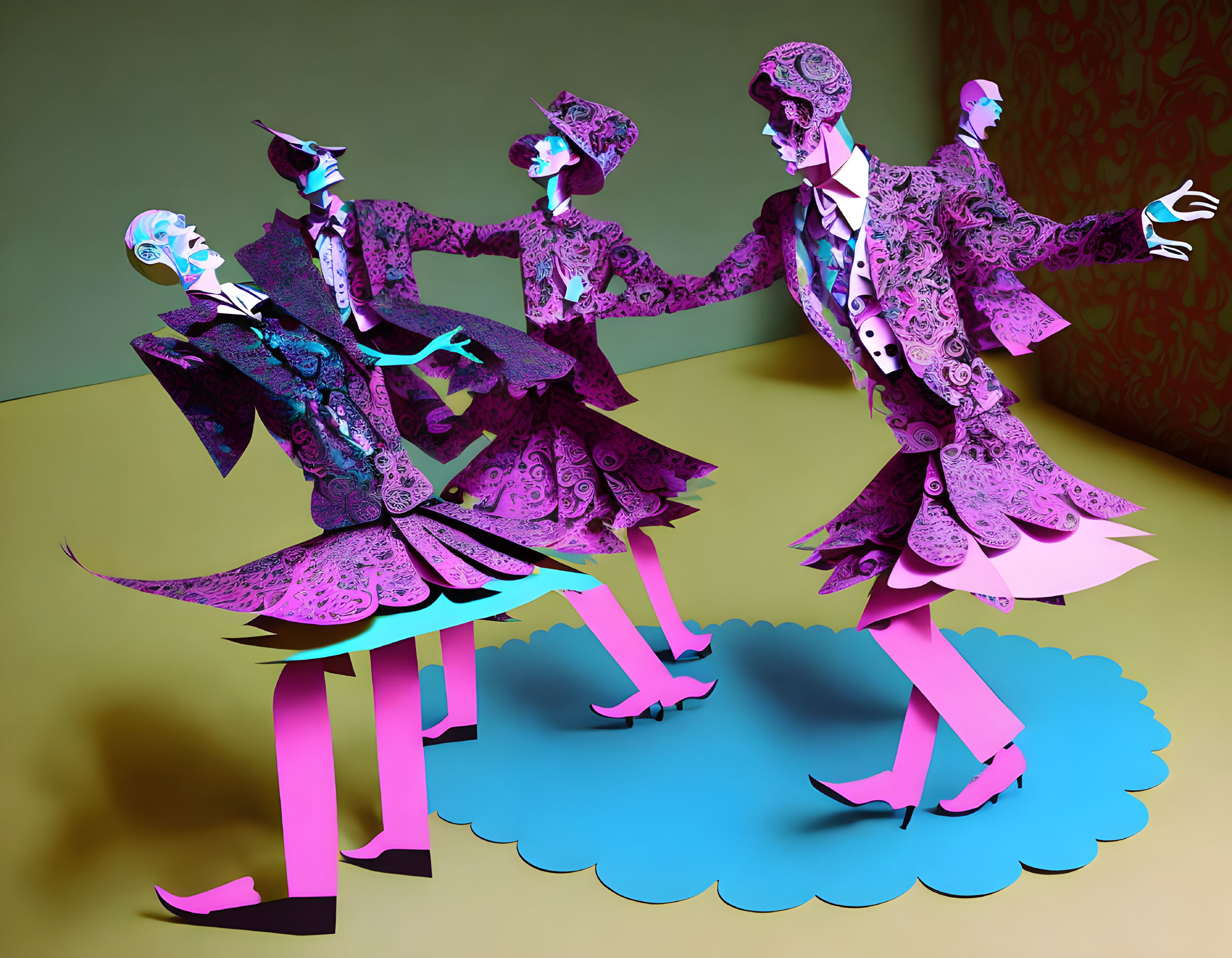 Ornate paper crafted figures in purple suits dancing on blue cut-out