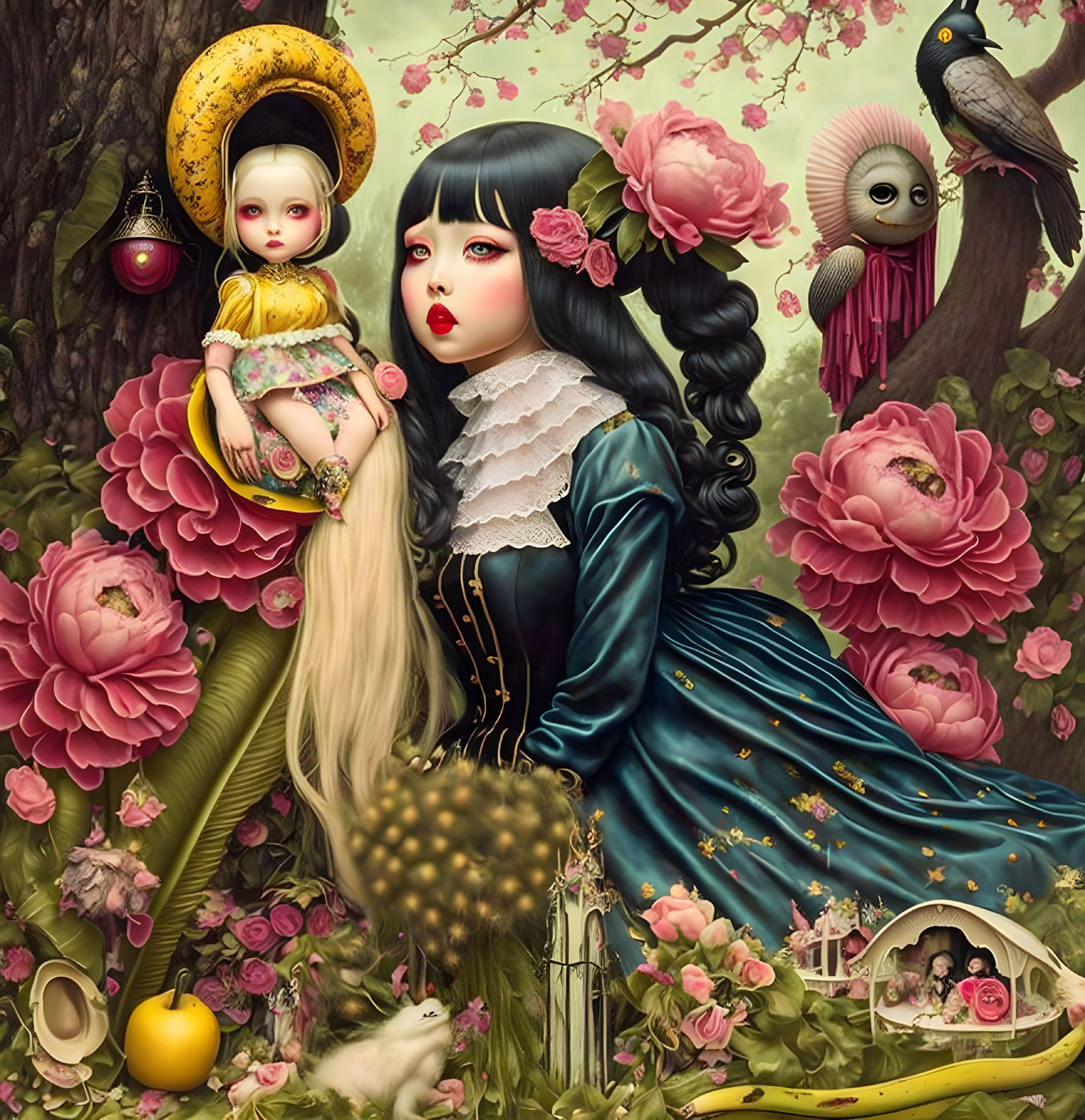 Fantastical illustration of girl with porcelain skin, dark hair, holding doll, surrounded by oversized flowers