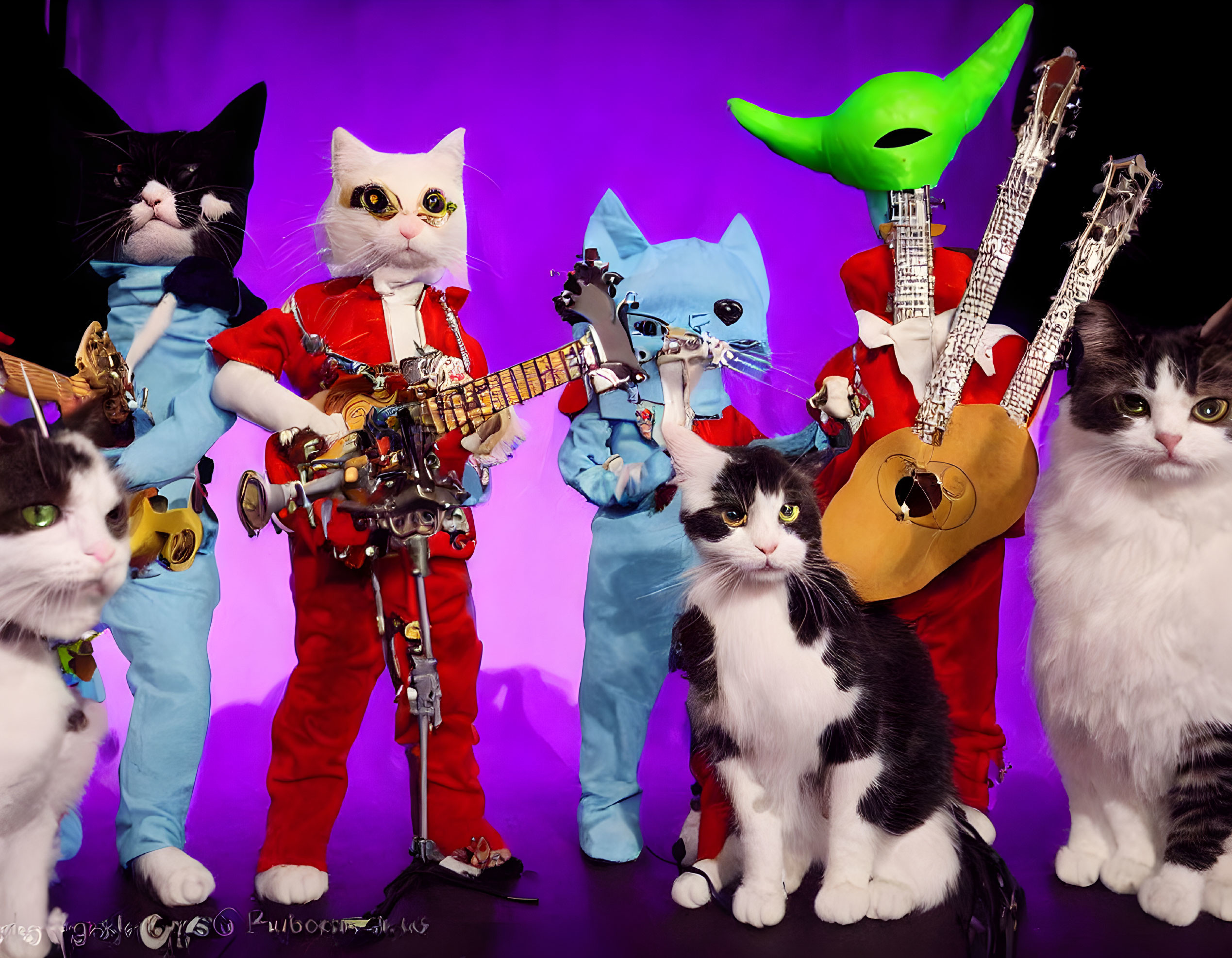 Cats in costumes playing musical instruments with alien mask, surrounded by other cats, on purple background.