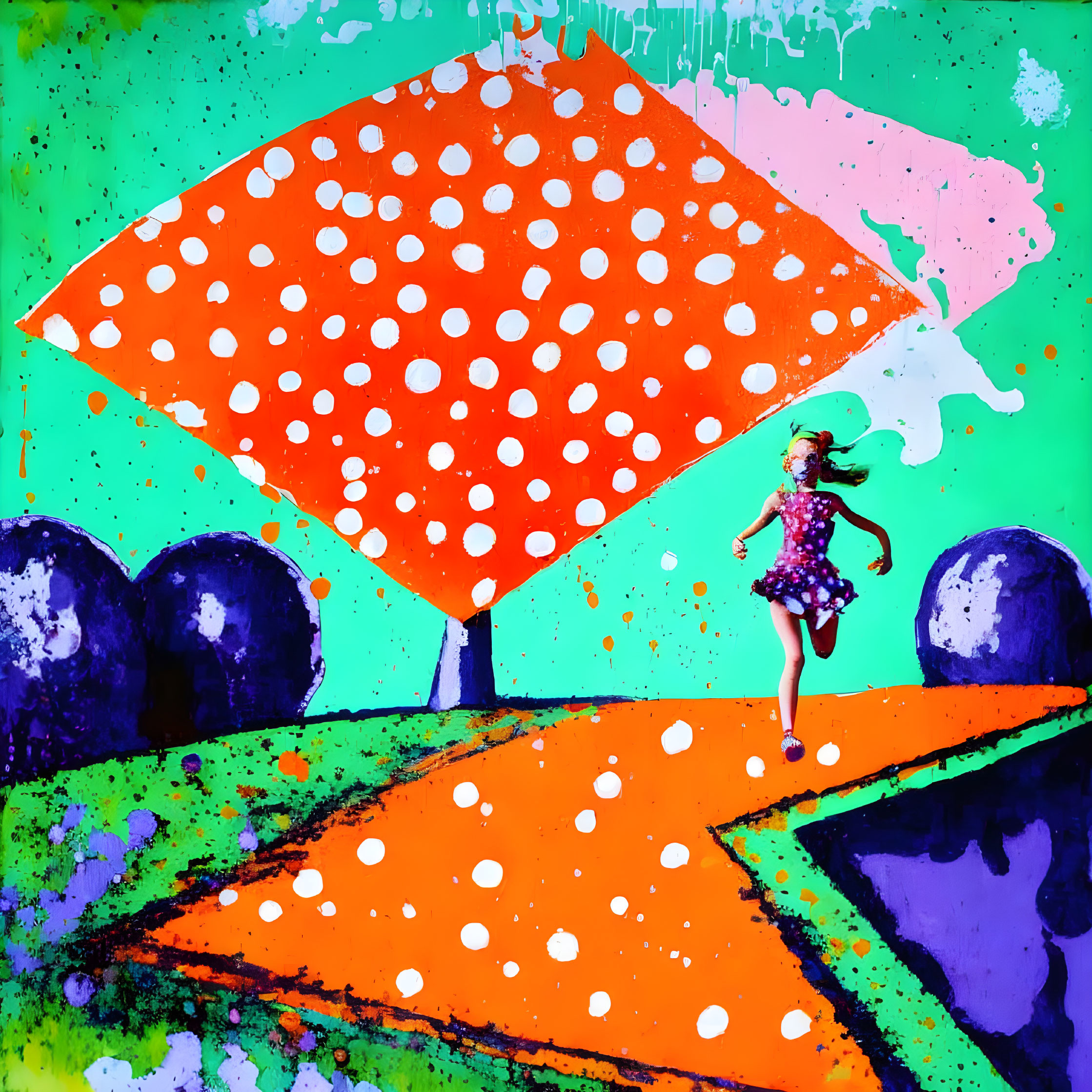 Vibrant artwork featuring girl with kite on colorful path