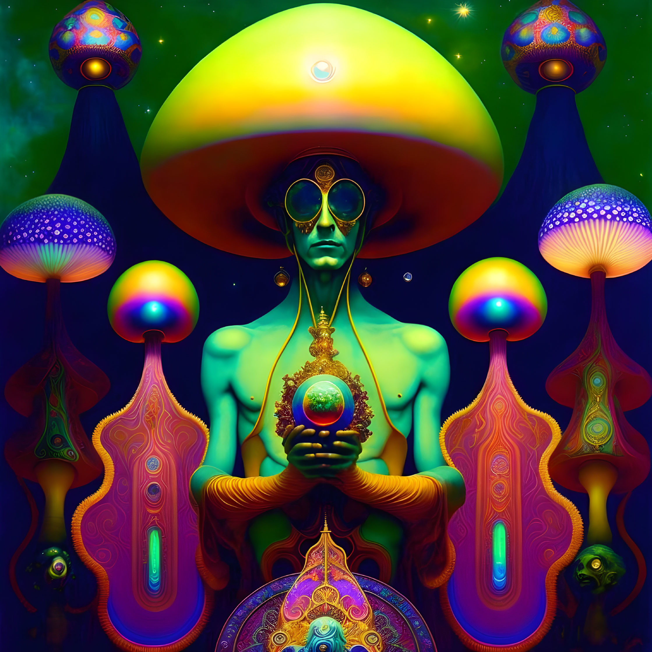 Psychedelic illustration with central figure, sunglasses, mushroom cap, vibrant mushrooms, cosmic motifs