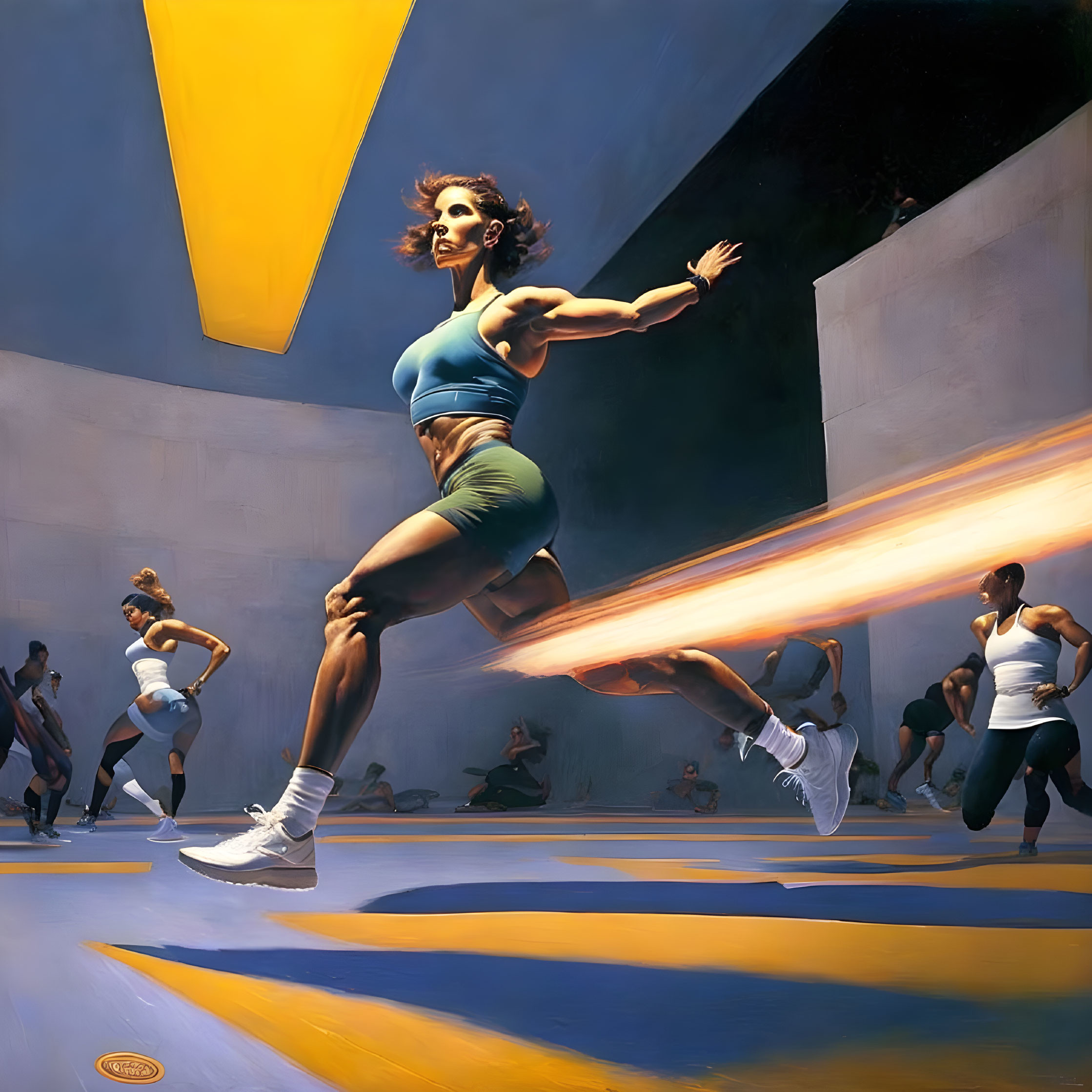 Athletic woman sprinting with motion blur in golden light