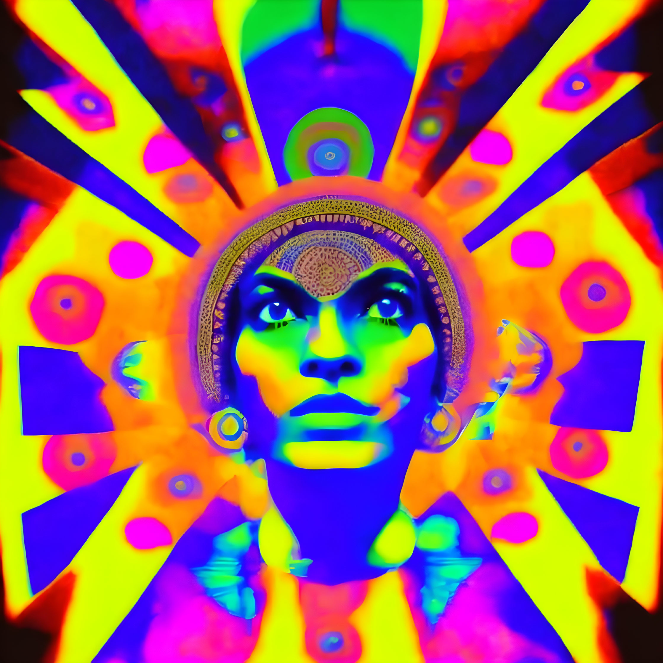 Colorful psychedelic portrait with person in decorative headgear against vibrant kaleidoscopic backdrop.