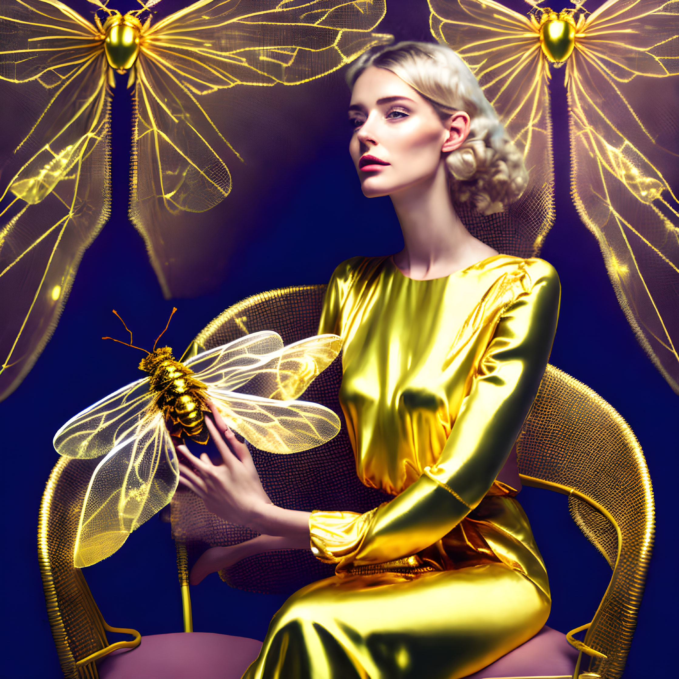 Woman in golden dress with stylized insect on hand amid luminous dragonflies