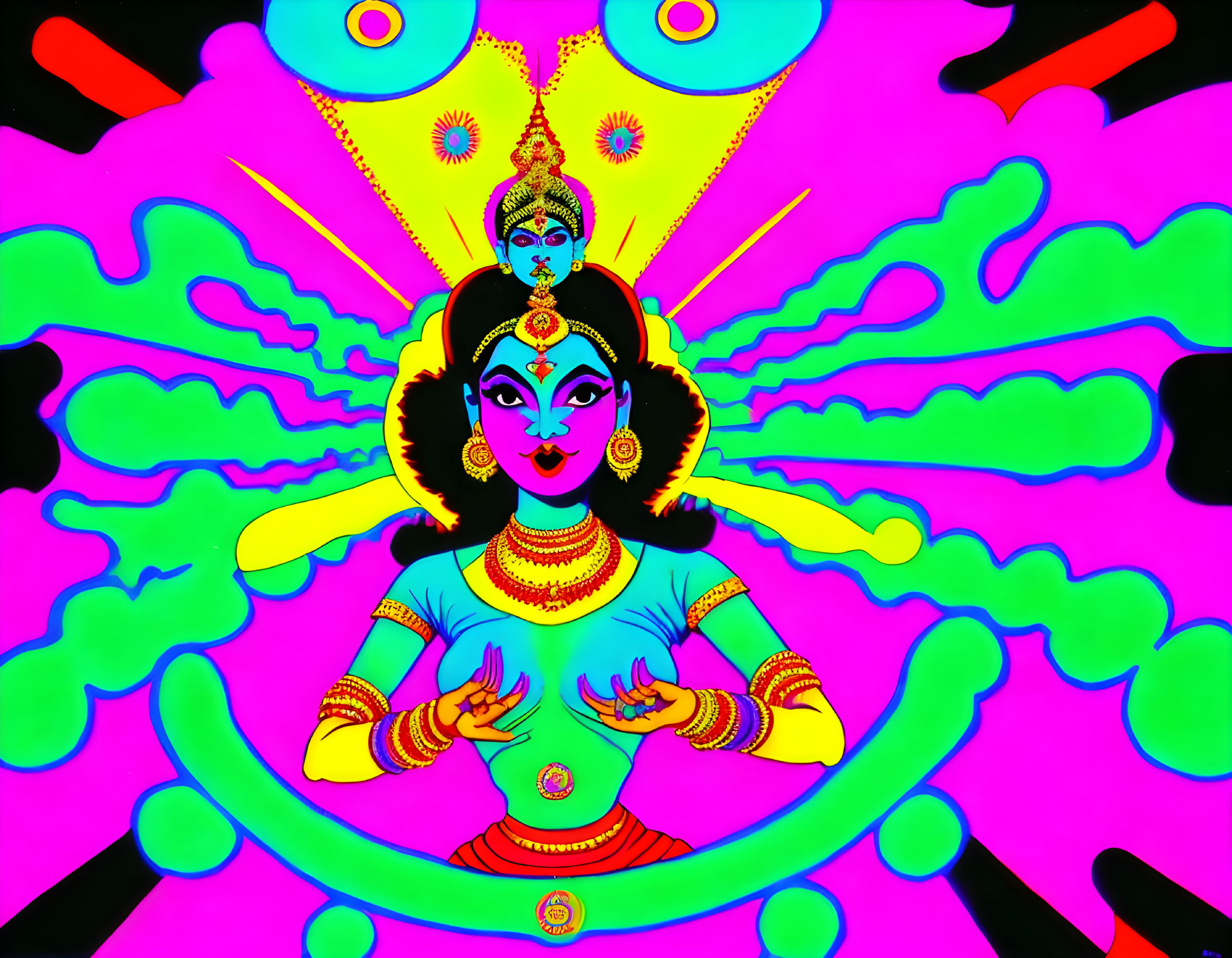 Colorful Multi-Armed Figure in Traditional Indian Style on Psychedelic Neon Background