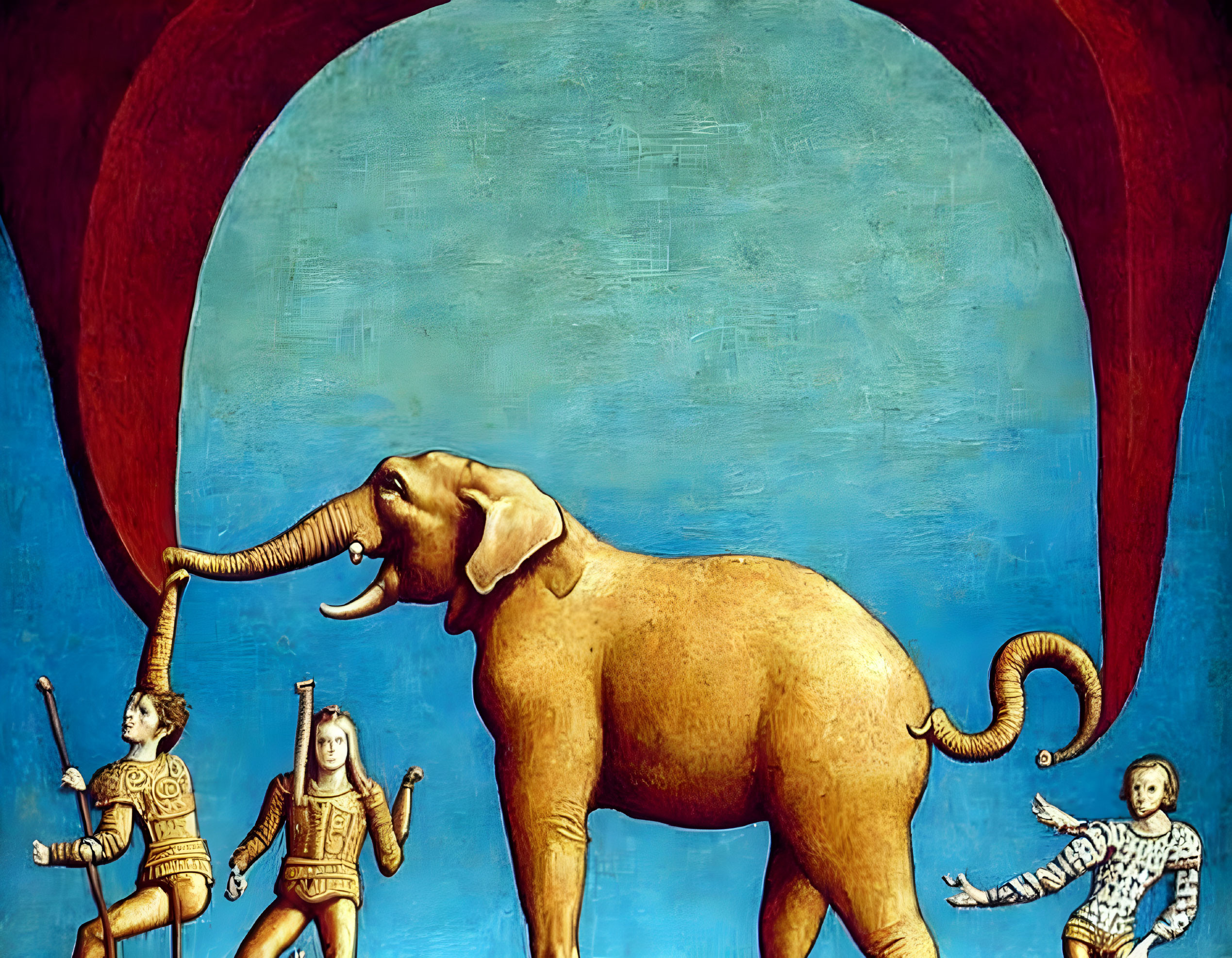 Whimsical painting of central elephant and small figures in armor on blue background