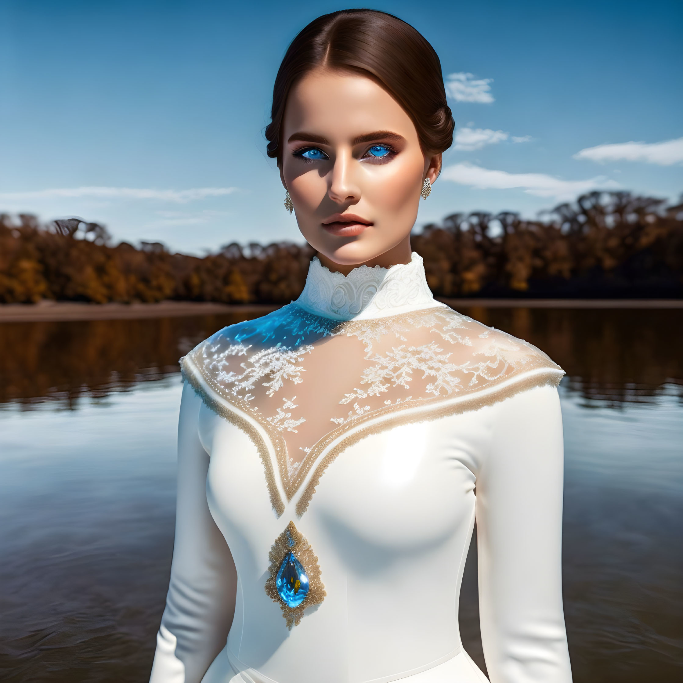 Brown-haired female figure in white dress by serene lake - 3D render