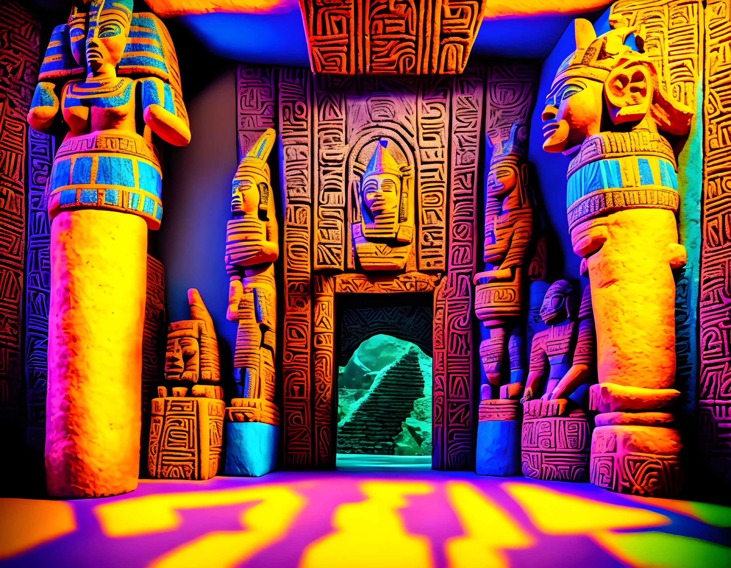 Vibrant Neon-Lit Room with Egyptian Hieroglyphs and Pharaoh Statues