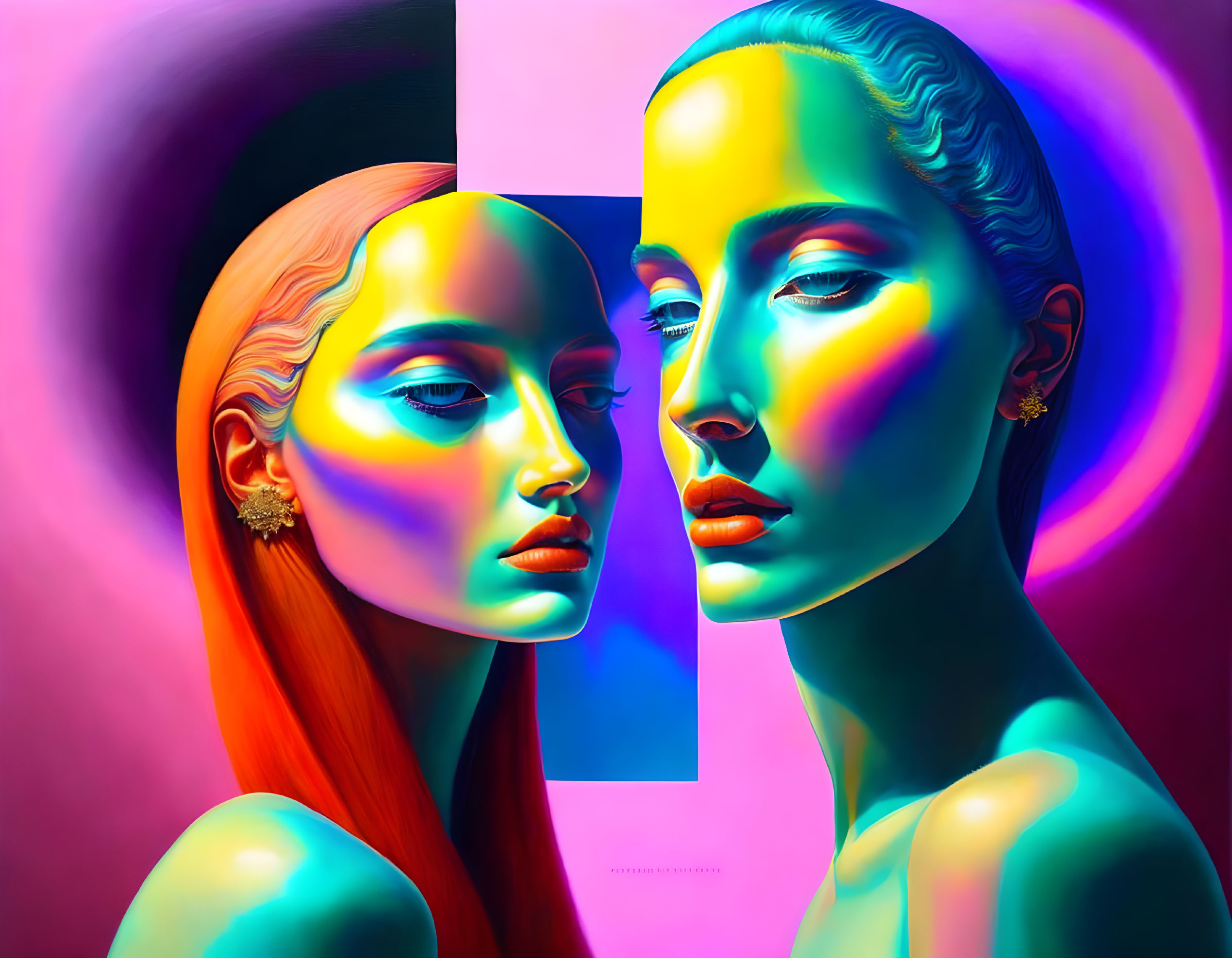 Stylized female faces in profile with vibrant multicolored lighting on split background