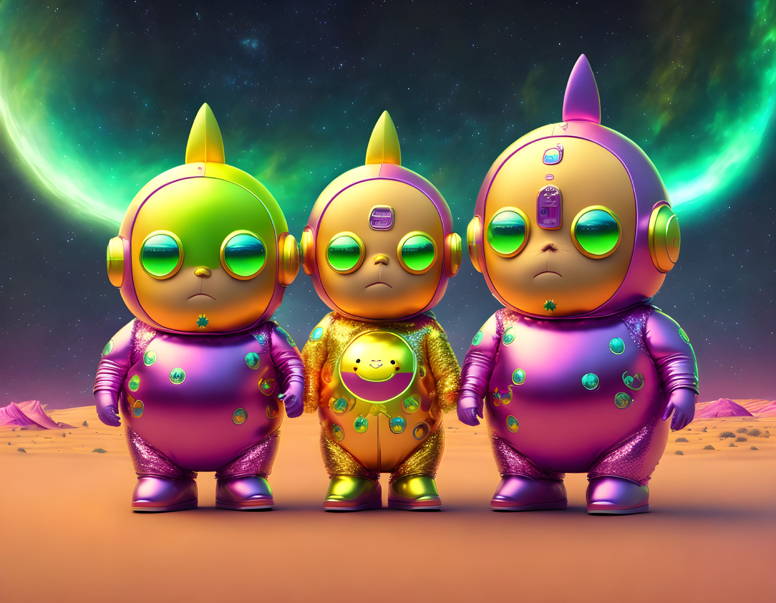 Colorful Cartoonish Space Robots under Alien Sky with Two Moons