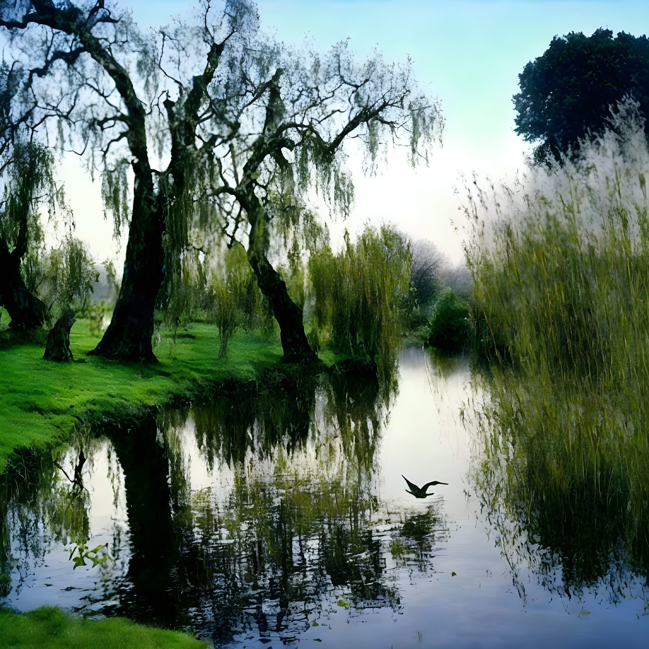 Tranquil river with willow trees and bird at dusk