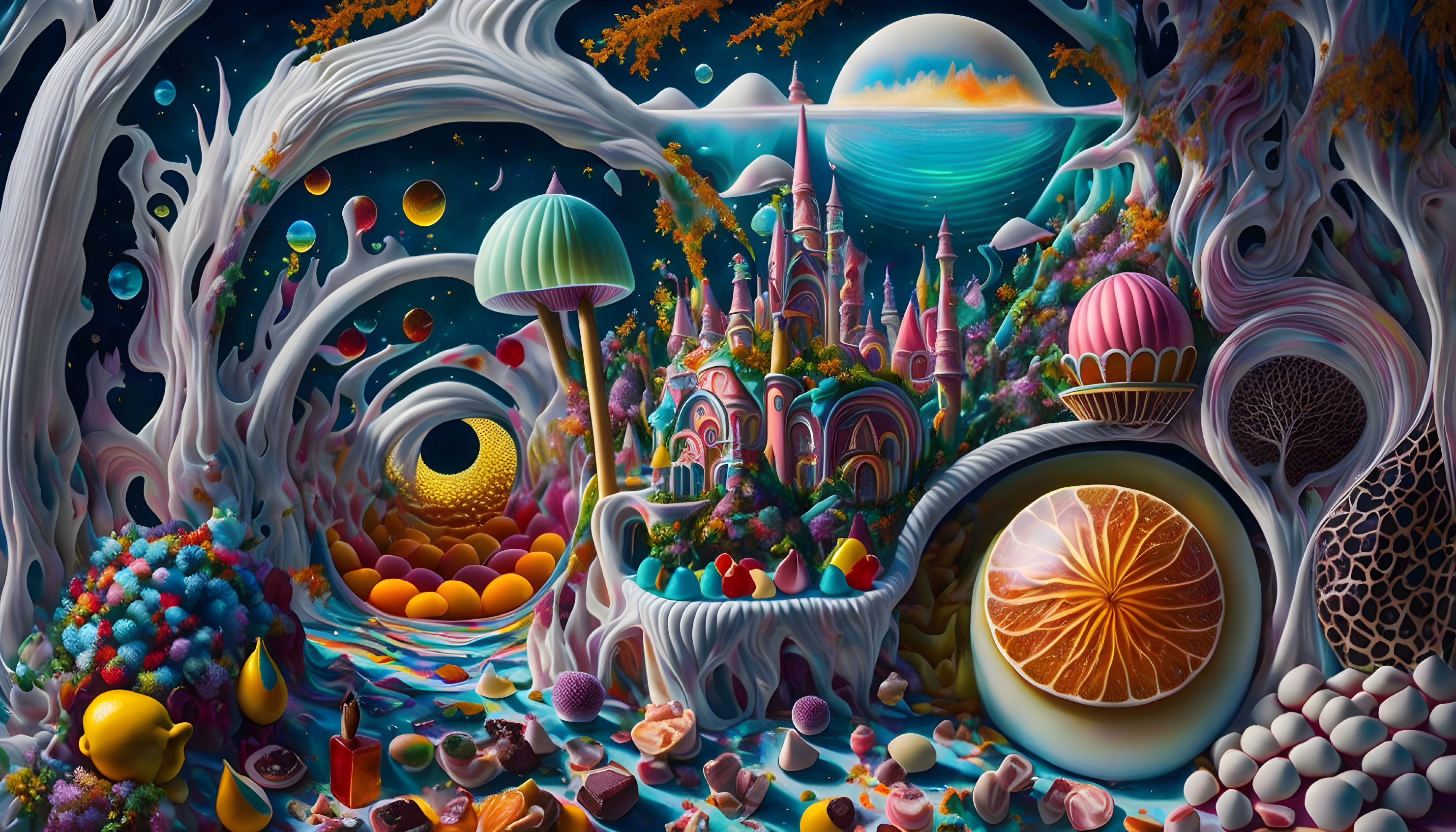 Colorful surreal landscape with whimsical structures and cosmic elements