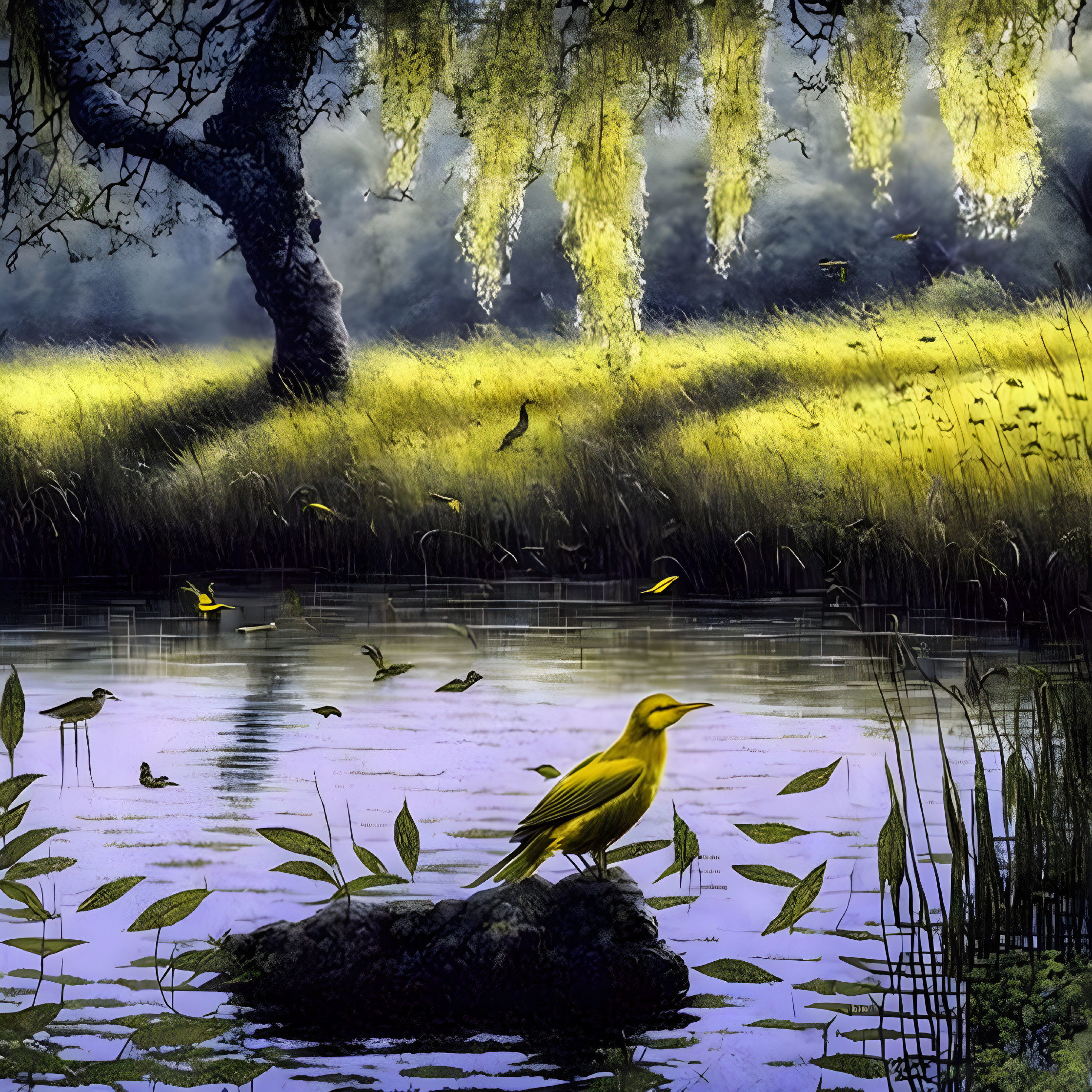 Tranquil nature scene with yellow birds, pond, and willow branches