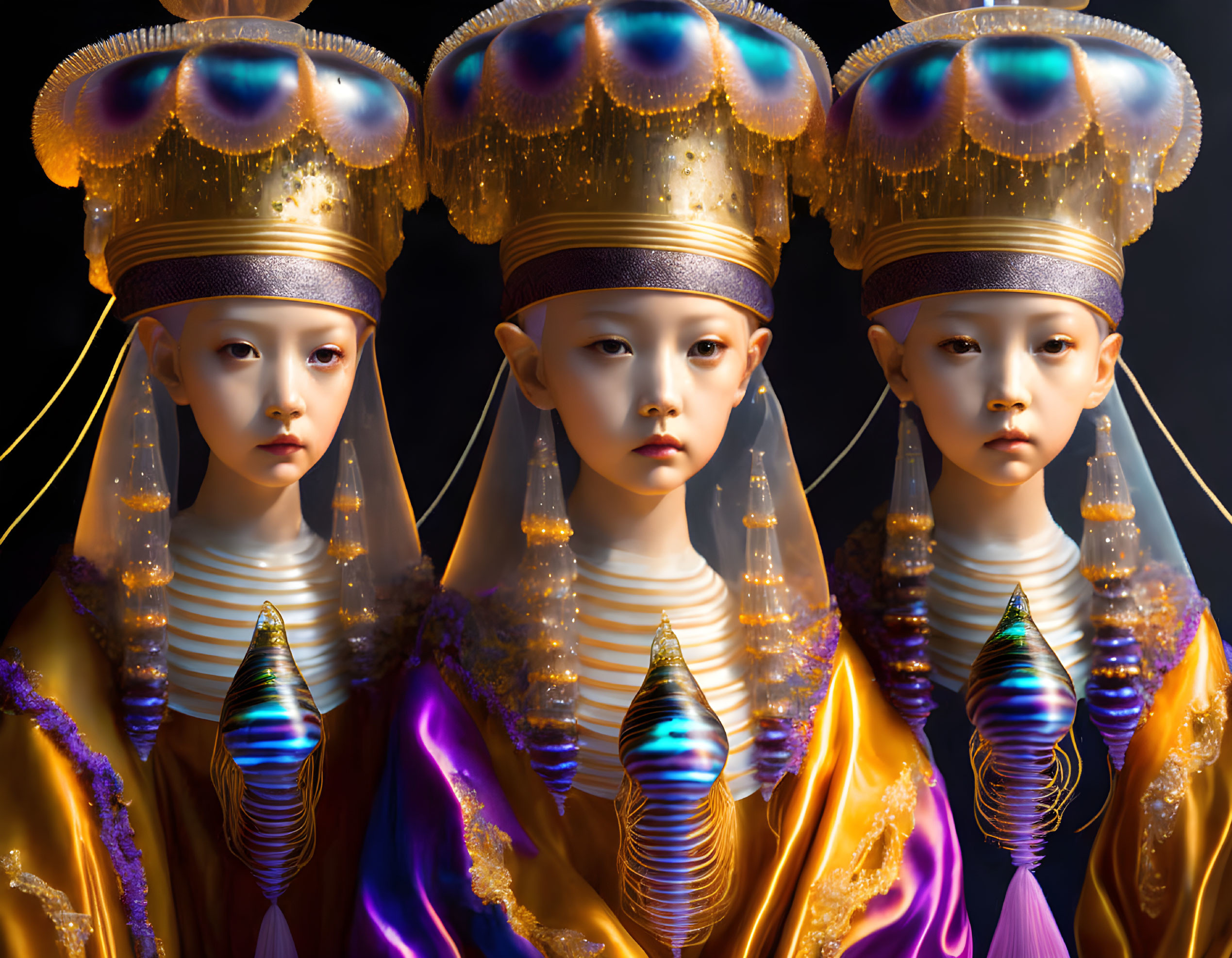 Three identical figures with ornate golden headdresses and richly colored robes on a dark background.