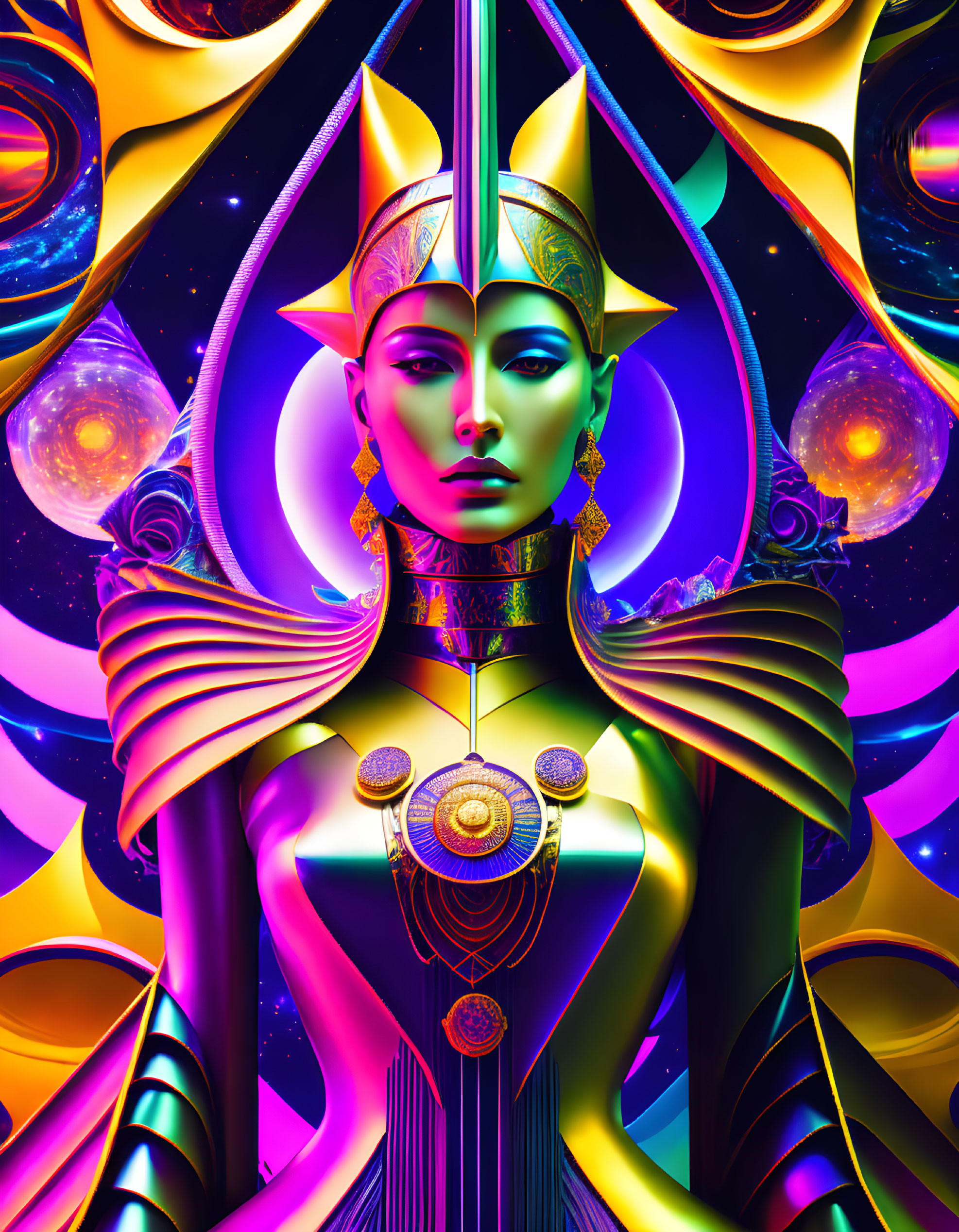 Regal figure with golden headpiece in vibrant digital art