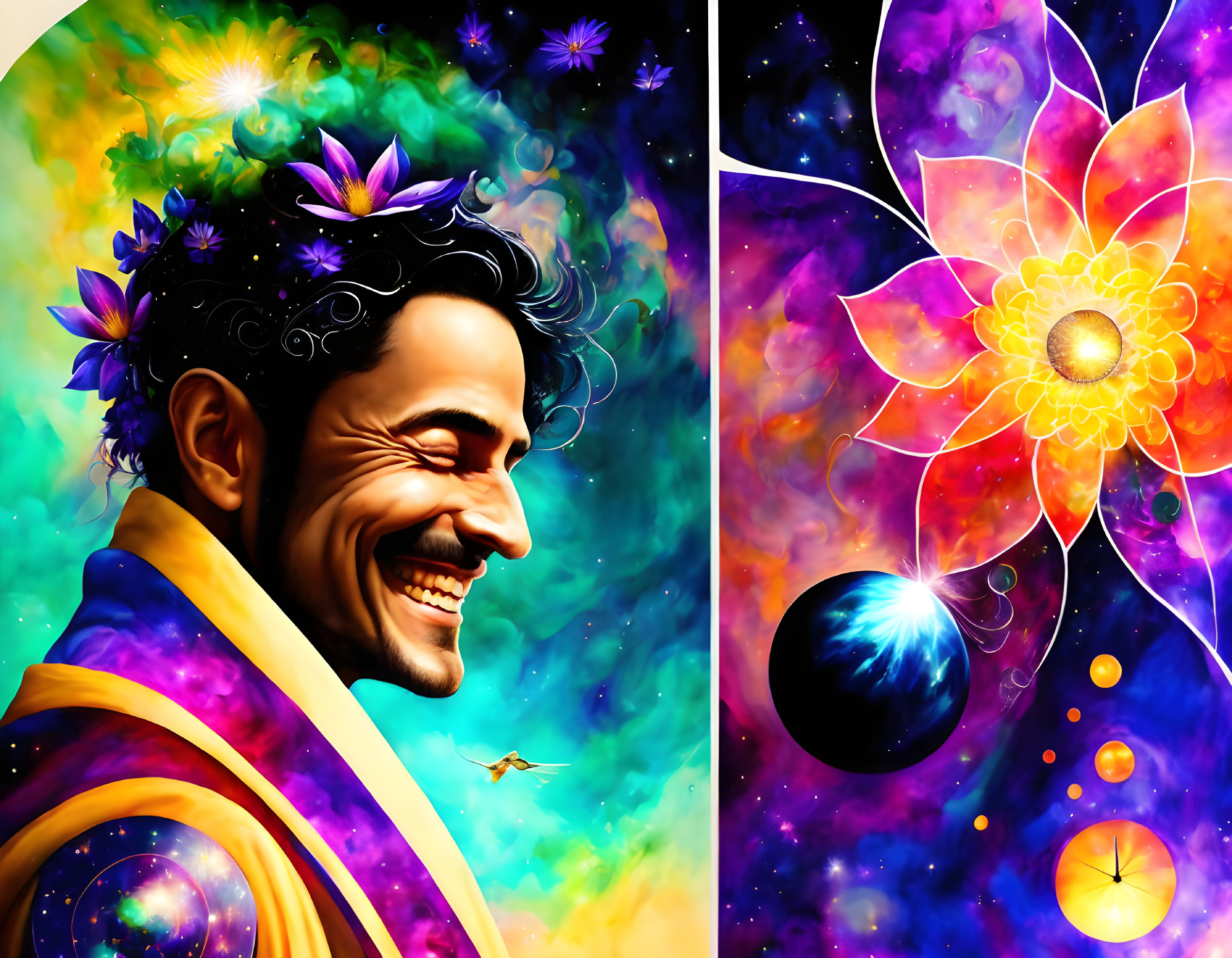 Colorful digital painting of a smiling man surrounded by cosmic and floral elements