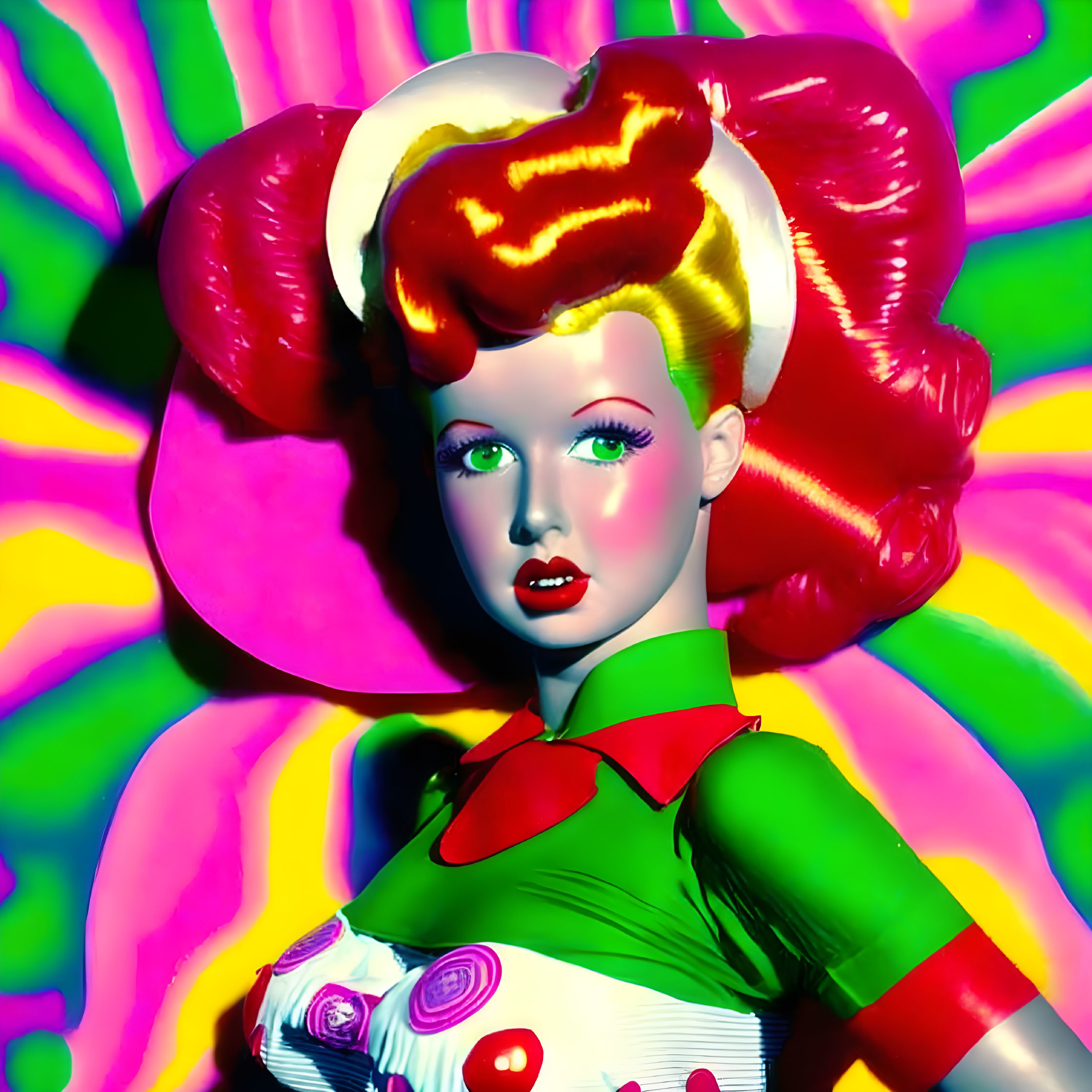 Colorful doll portrait with psychedelic background.