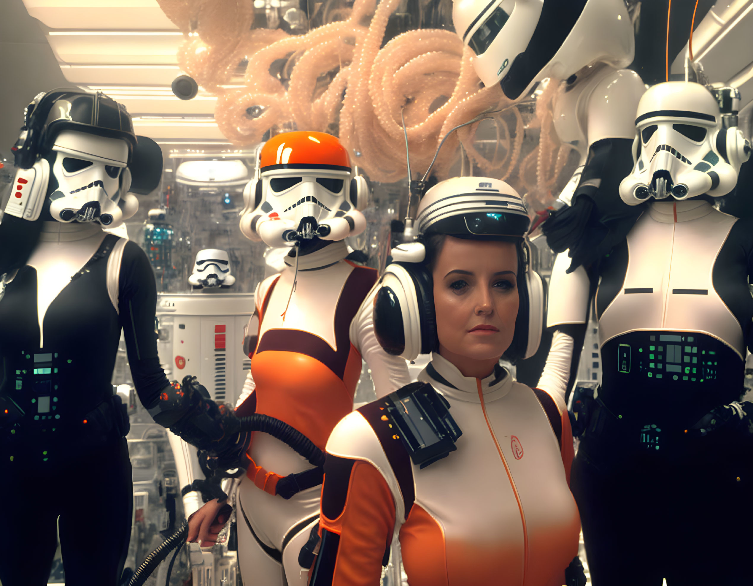 Woman in space suit with stormtroopers in futuristic setting