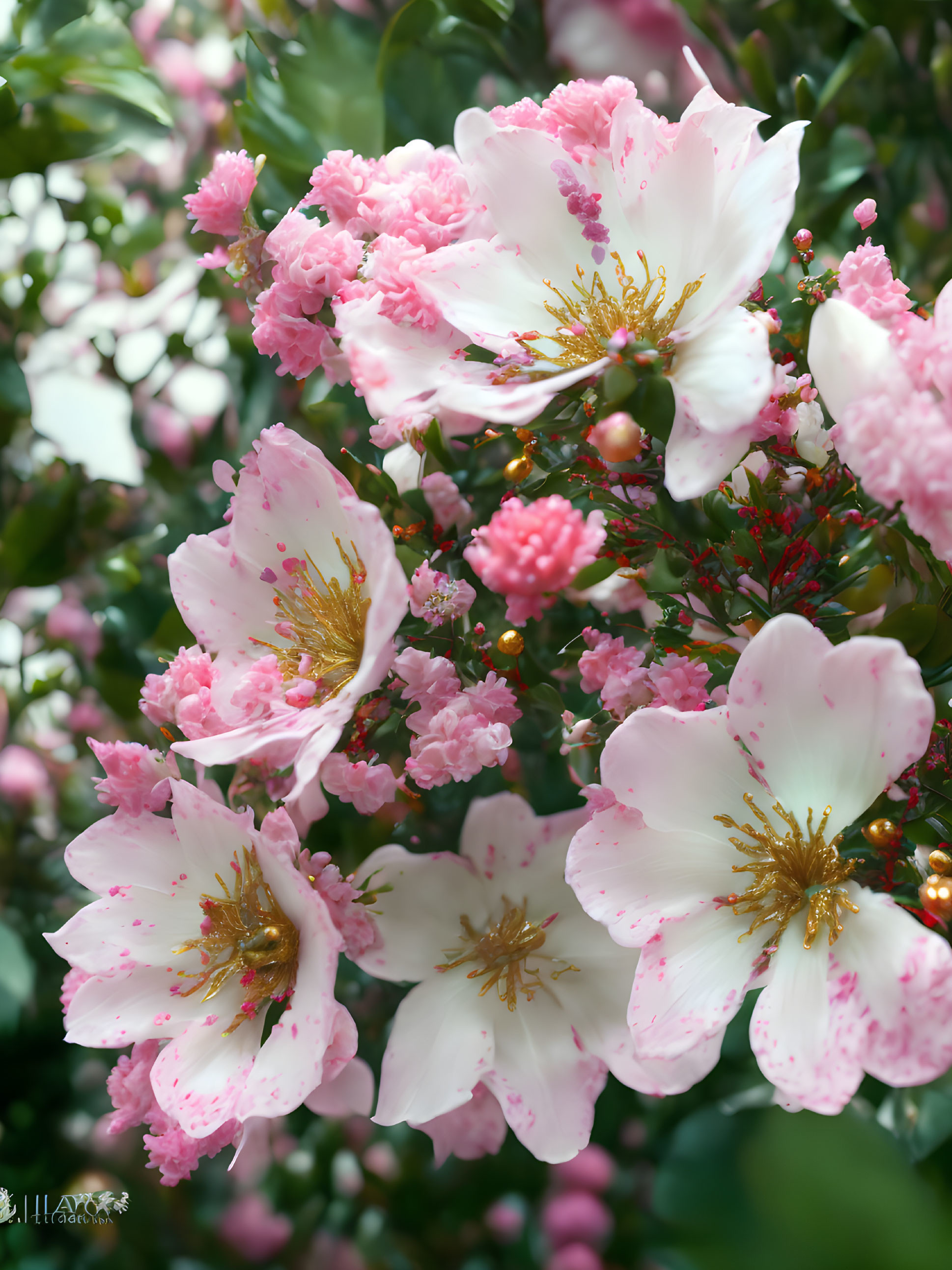 White and Pink Flowers with Golden Stamens and Pink Buds in Lush Greenery