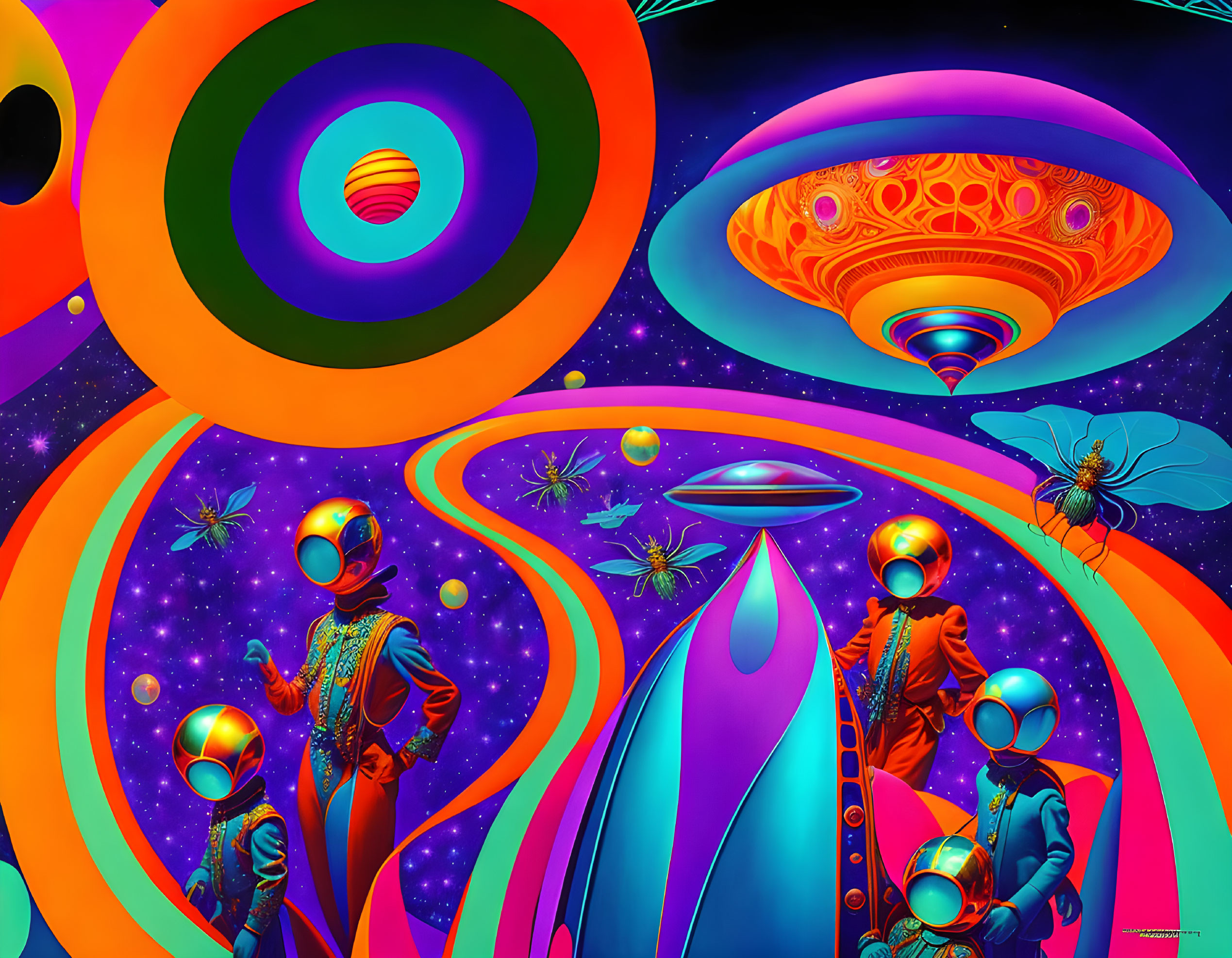 Colorful psychedelic space travelers with vibrant planets