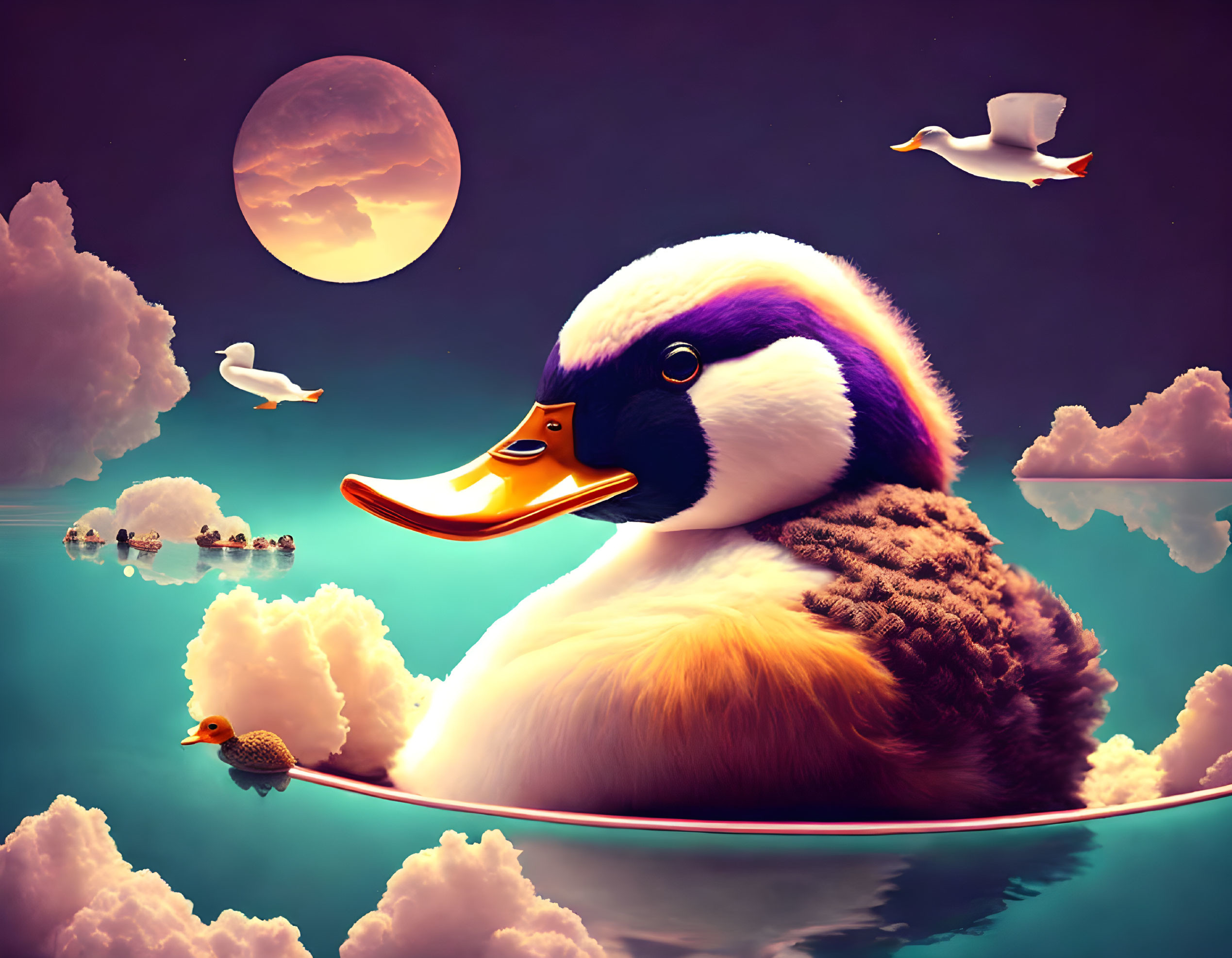 Vibrant oversized duck floating on water with smaller duck, full moon, and birds in flight