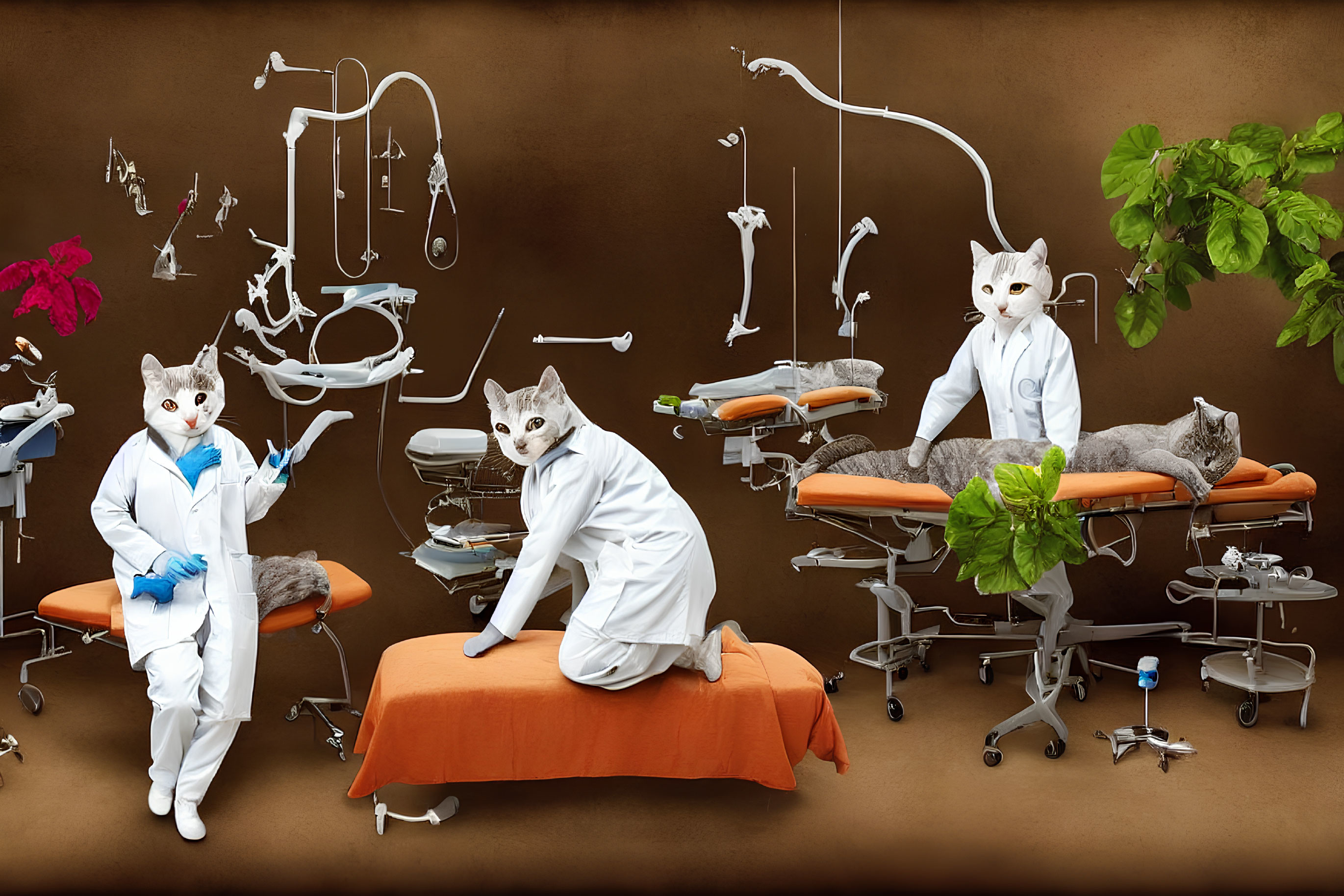 Cat-like human dentists in clinic with patient and equipment