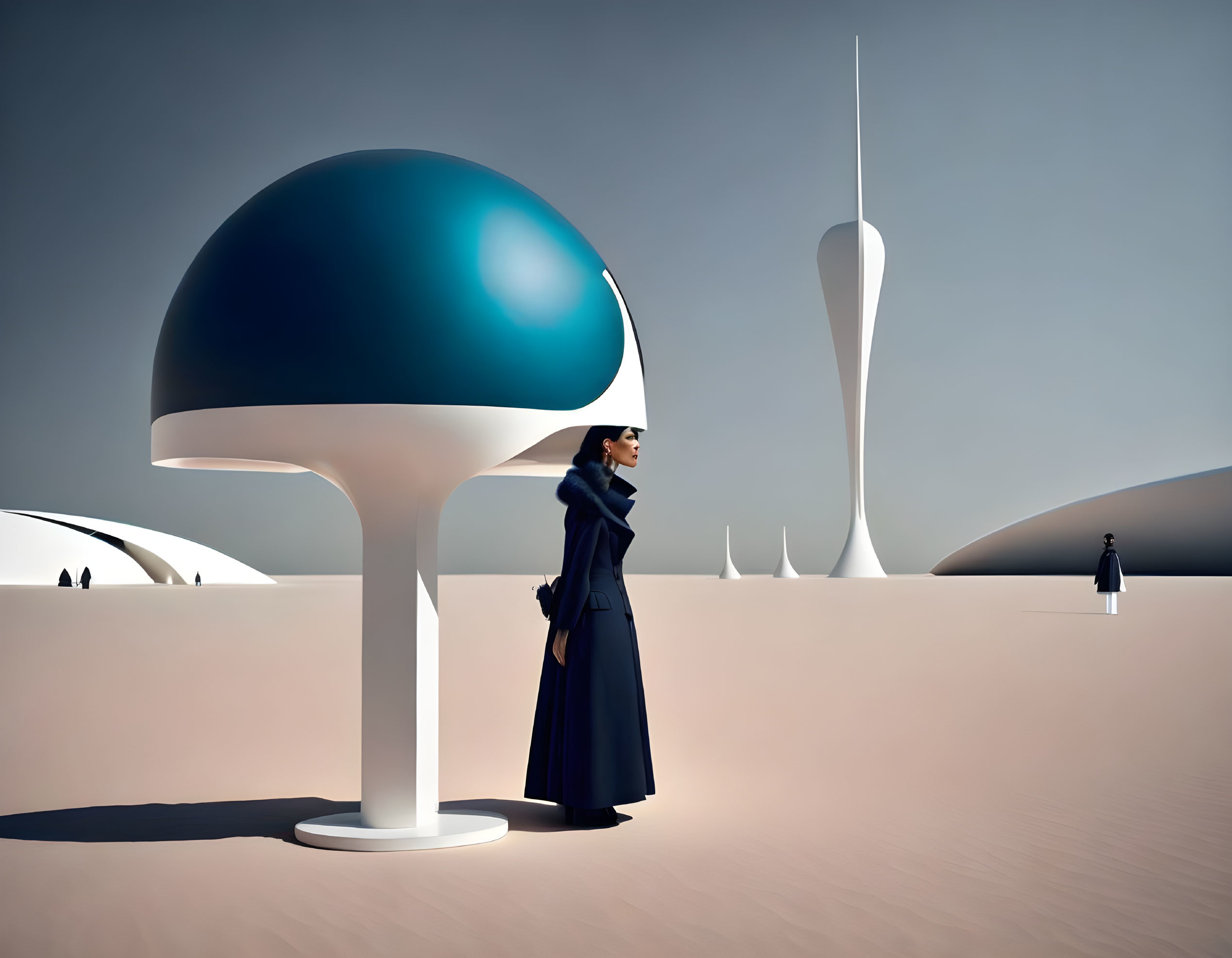 Person in Dark Coat Near Abstract Mushroom Shapes in Minimalistic Setting