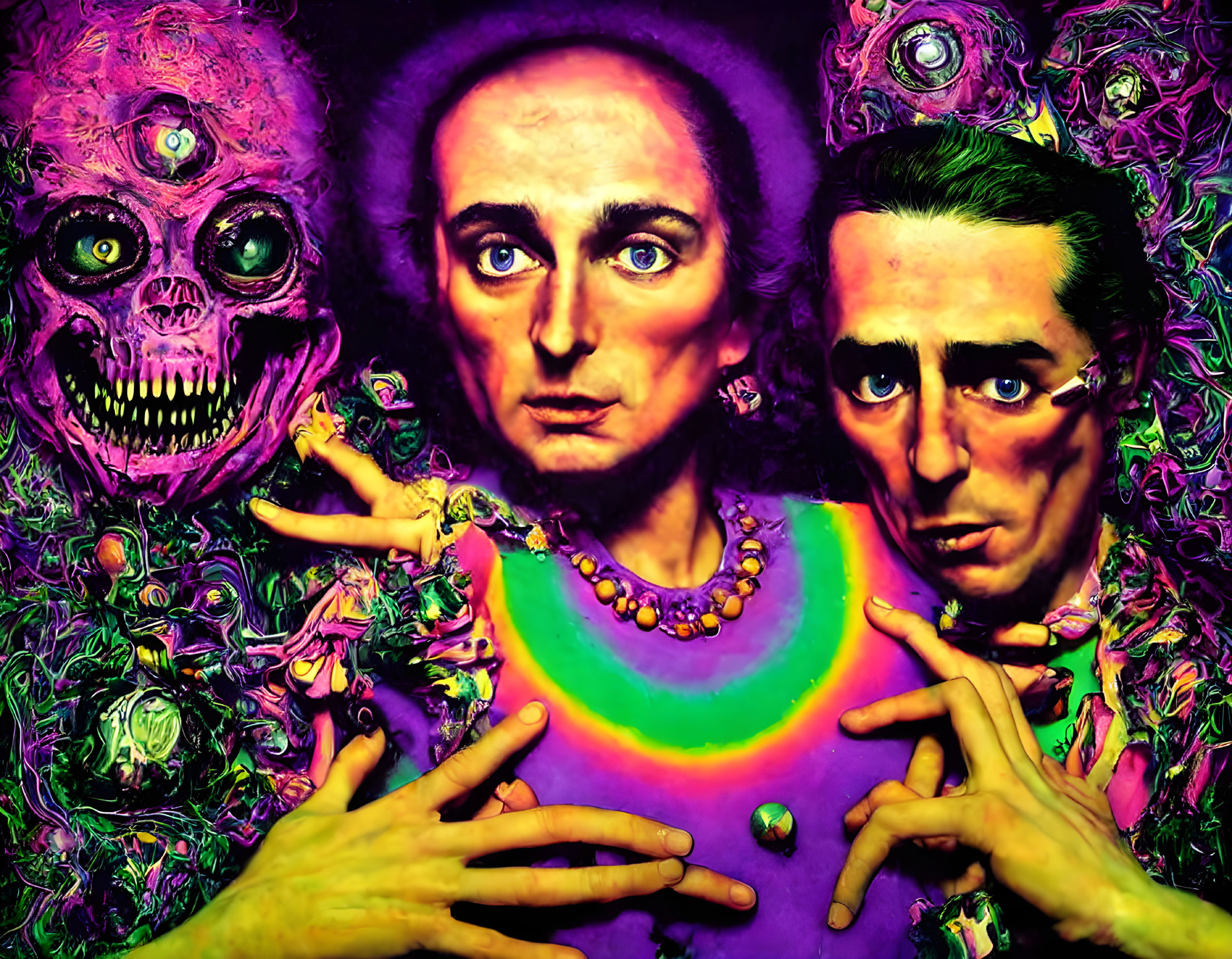 Colorful psychedelic artwork: Two surreal men portraits with exaggerated features, abstract shapes, and a skull.