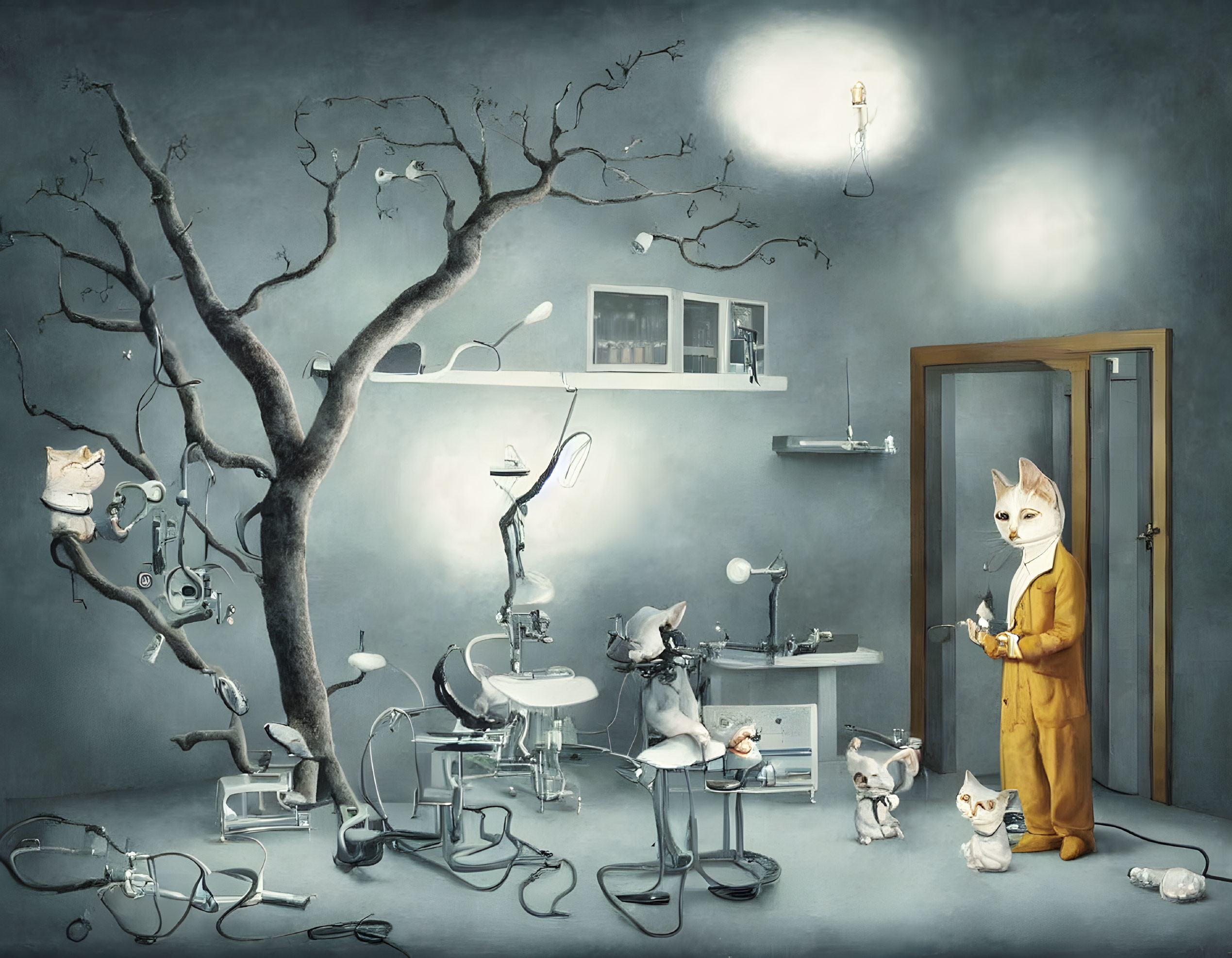 Surreal room with anthropomorphic cats and dental tools