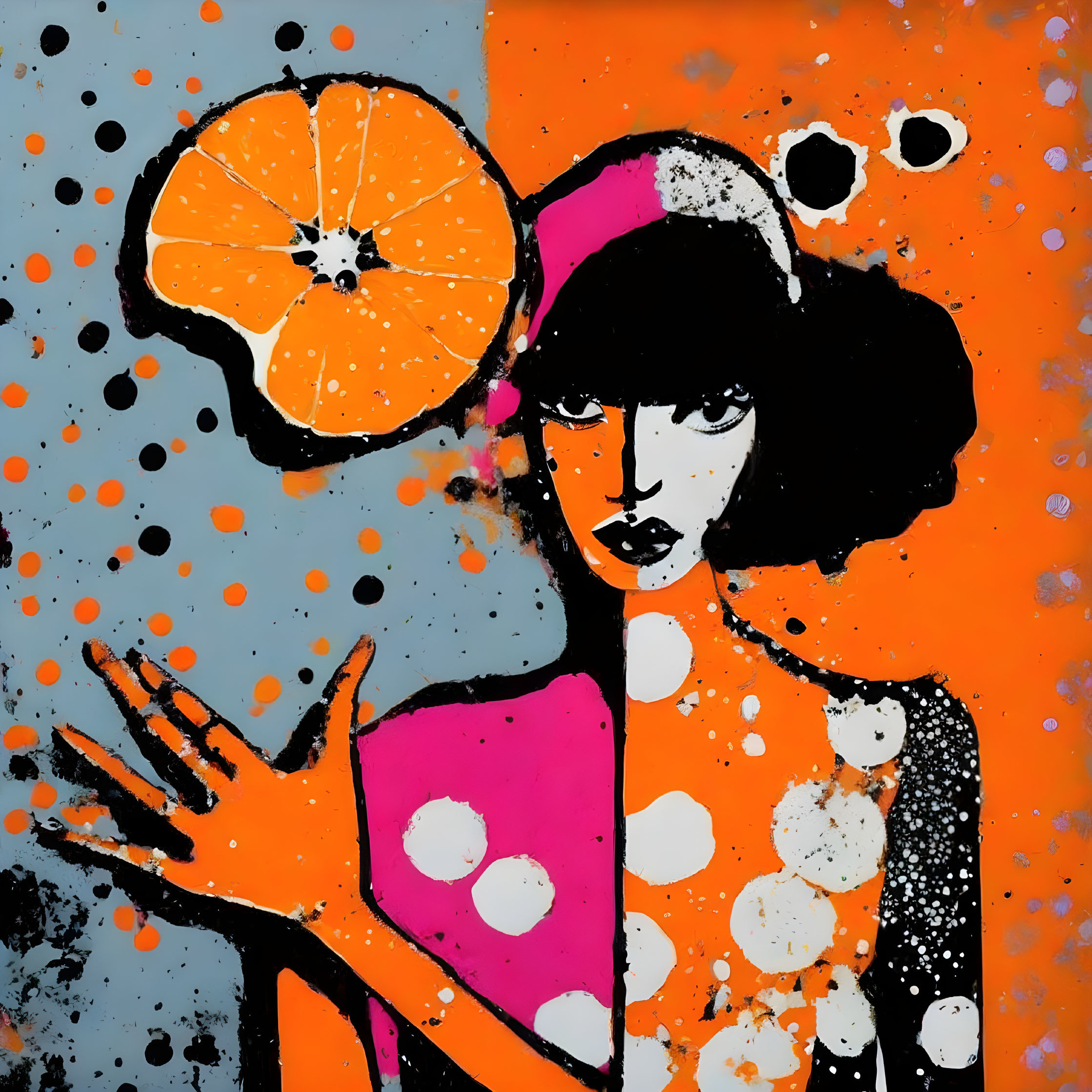 Colorful pop art portrait of woman with bob haircut and orange slice background