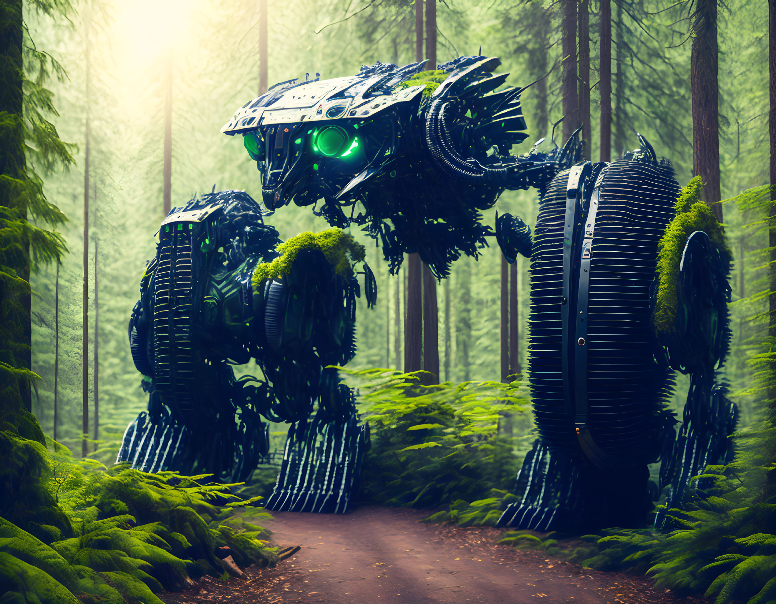 Giant moss-covered robots in misty forest with green glow