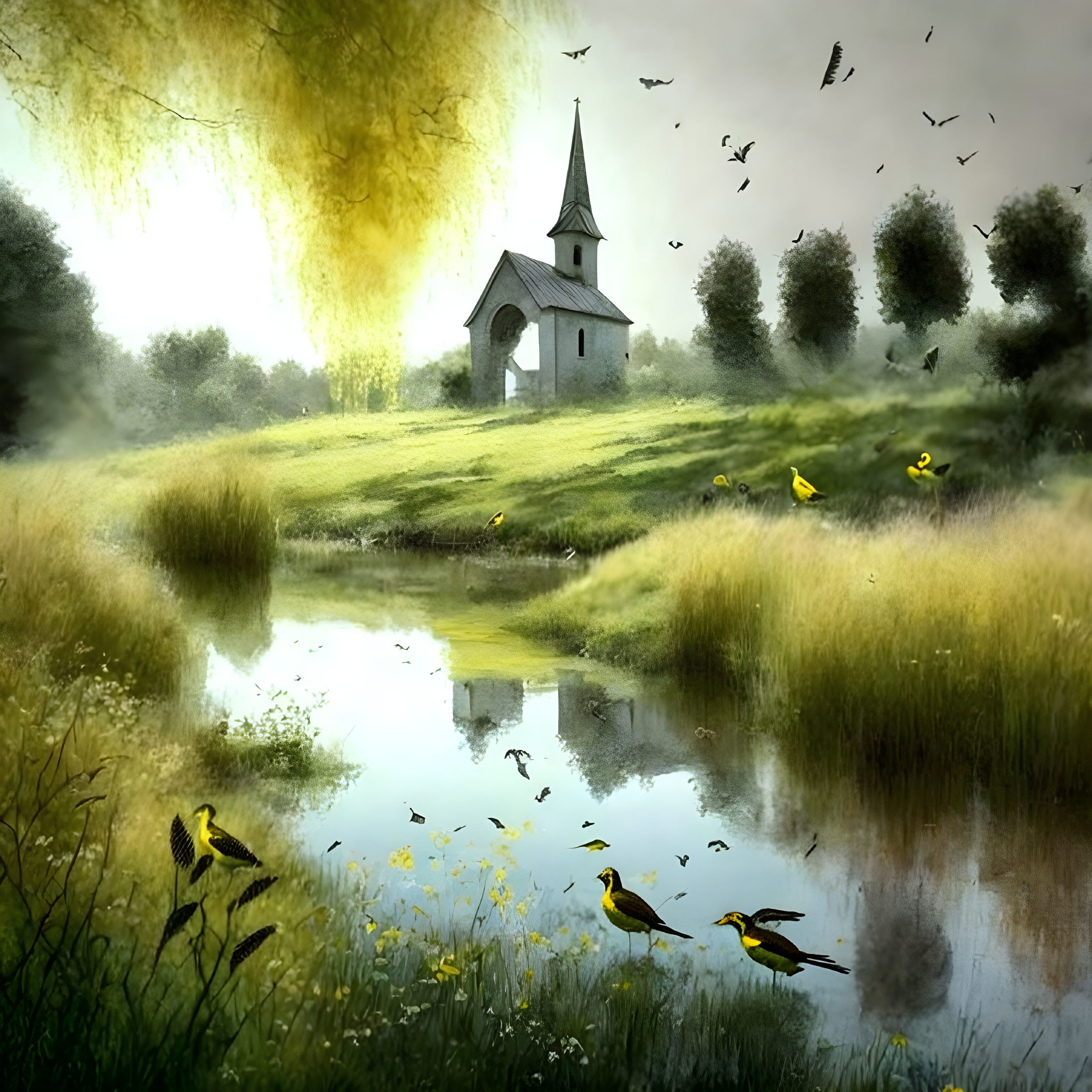 Tranquil landscape with church, greenery, pond, birds, and butterflies