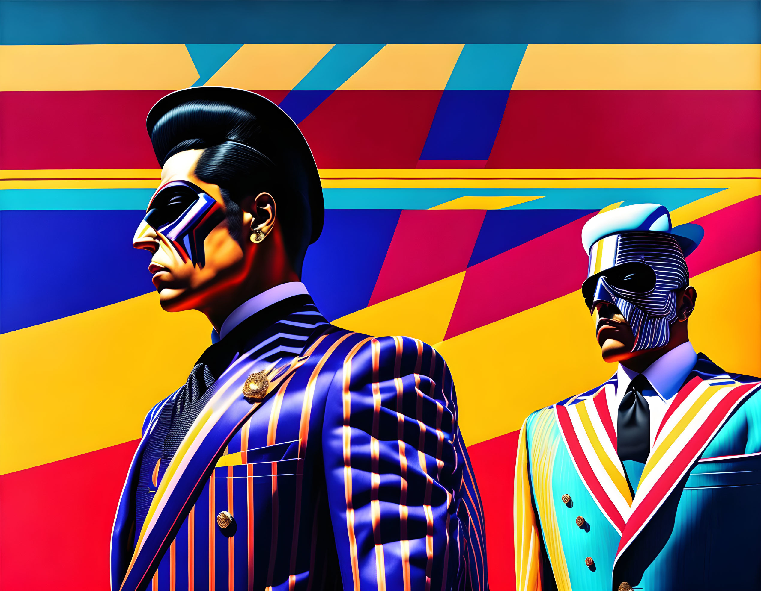 Colorful Stylized Figures in Striped Suits on Geometric Background