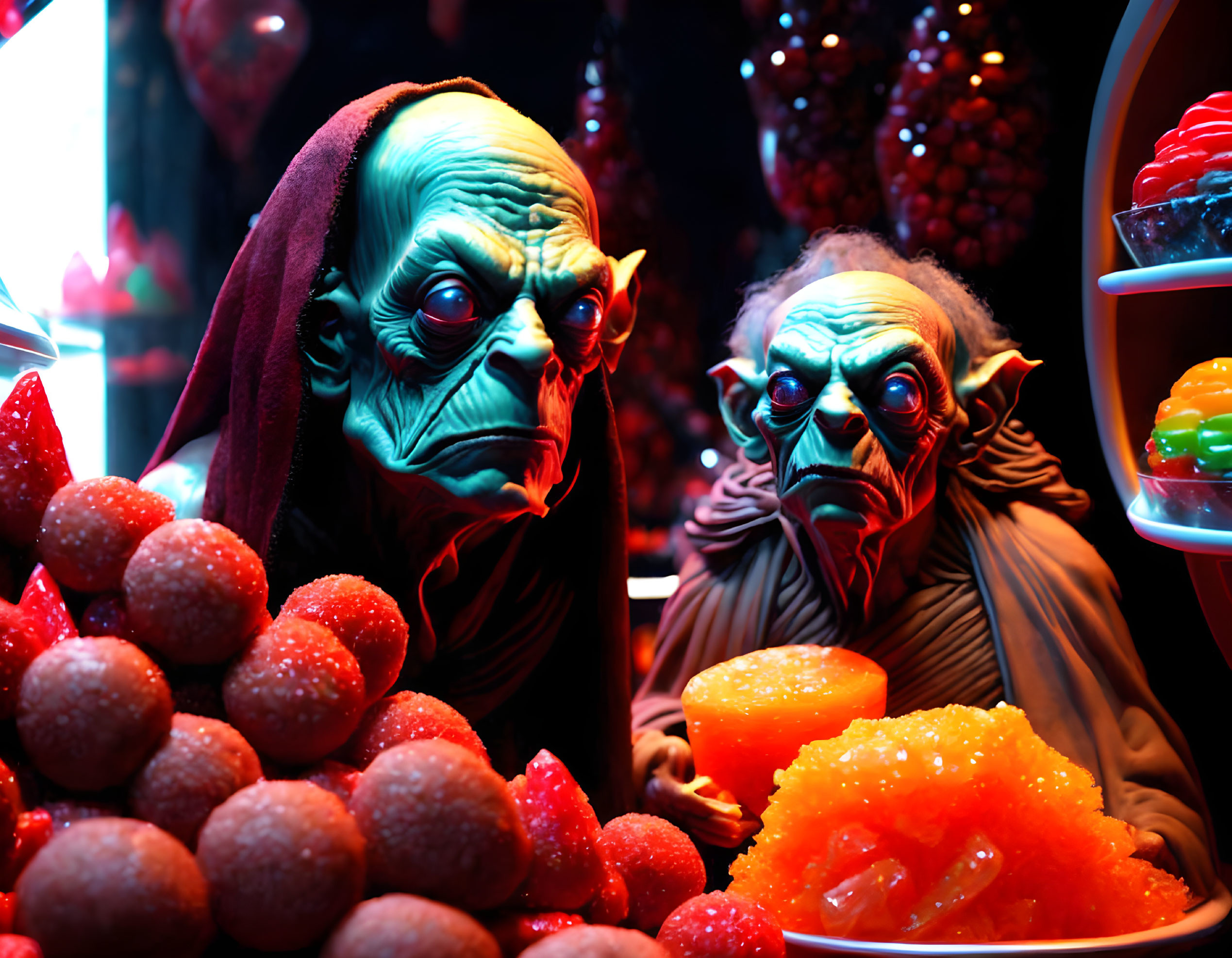 Realistic alien figures with wrinkled skin holding a bowl of orange substance against colorful spheres.