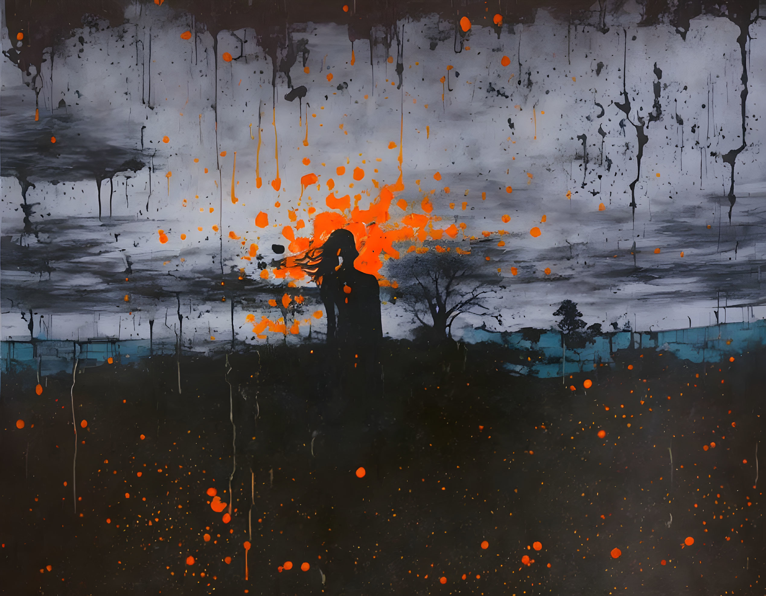 Silhouette of a Person Under Tree with Orange Splashes on Dark Abstract Background