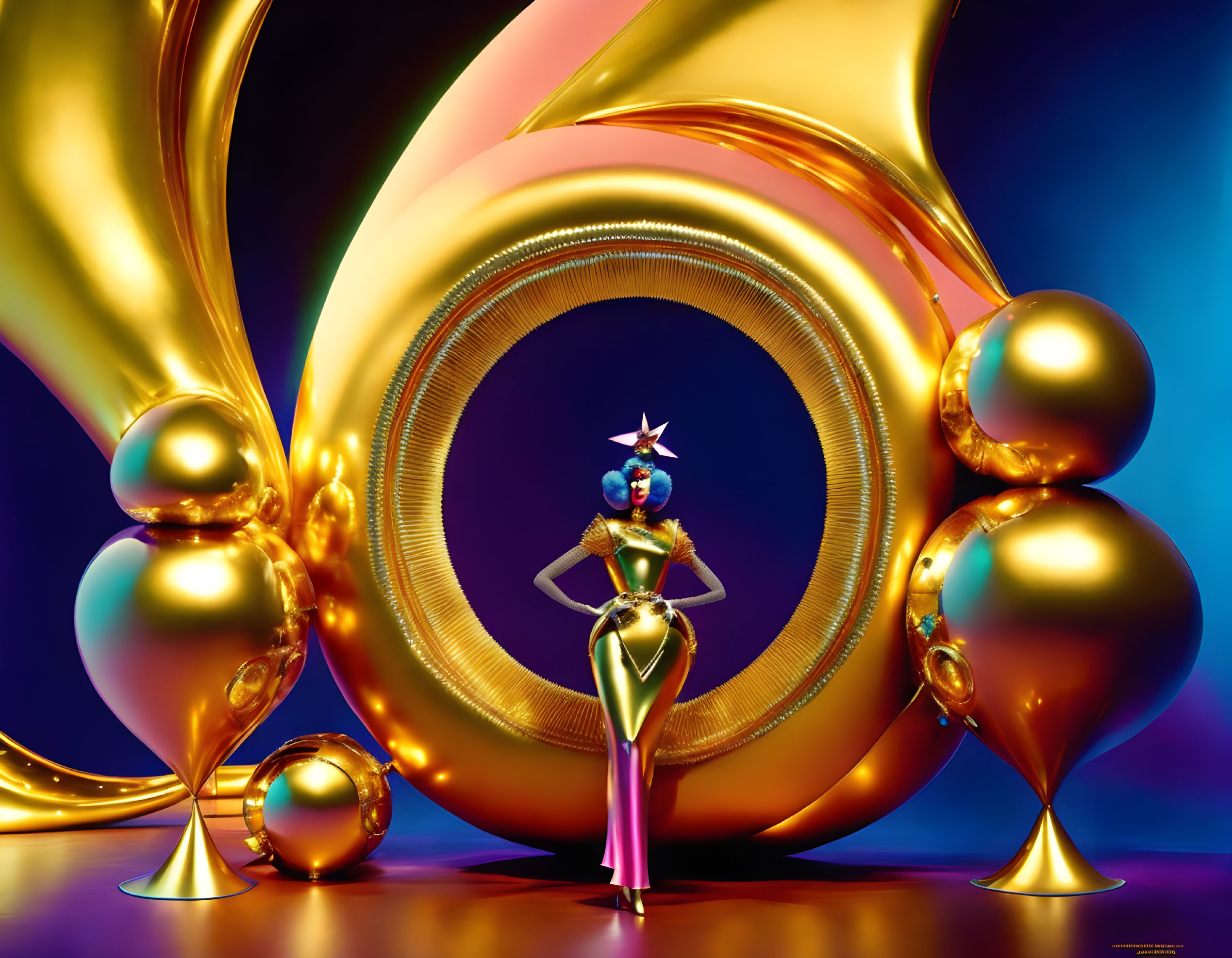 Stylized figure in fashionable ensemble among abstract golden sculptures on vivid purple and blue background