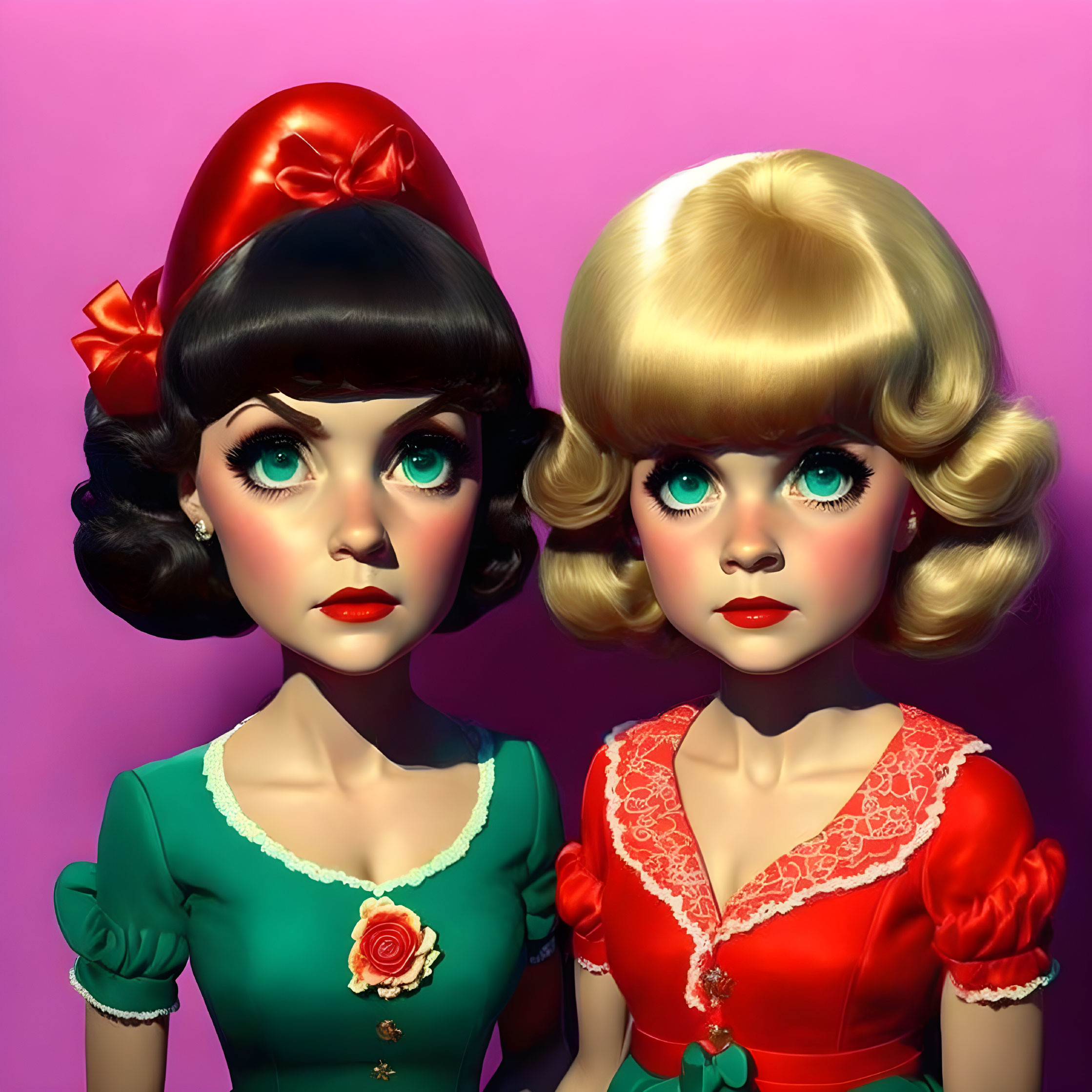 Vintage-Style Dolls: Brunette in Green & Blonde in Red on Pink Background