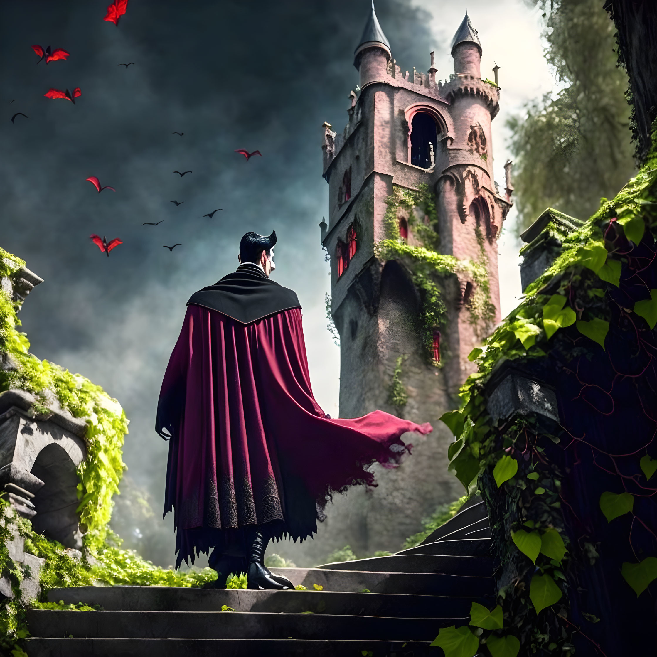 Person in Black Outfit with Red Cape on Stone Stairs, Castle in Mysterious Forest with B