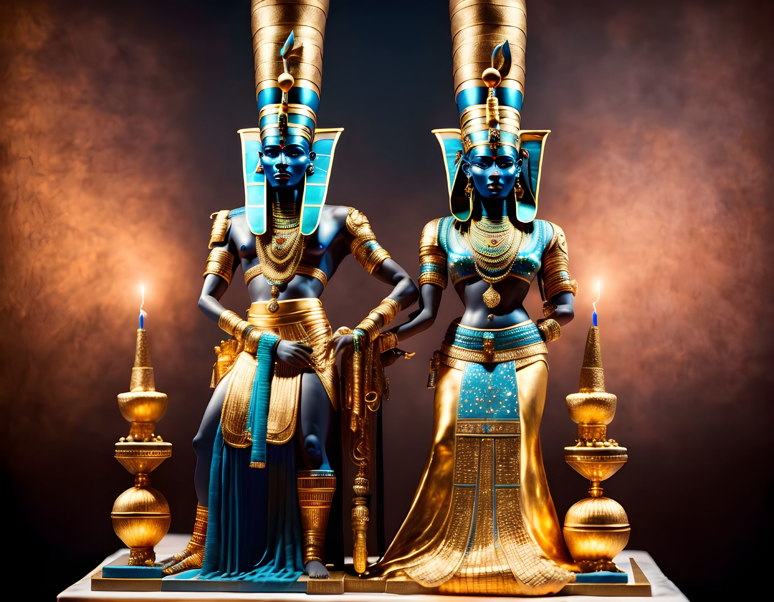 Ornate Egyptian statues in gold and blue with lit candles on moody background