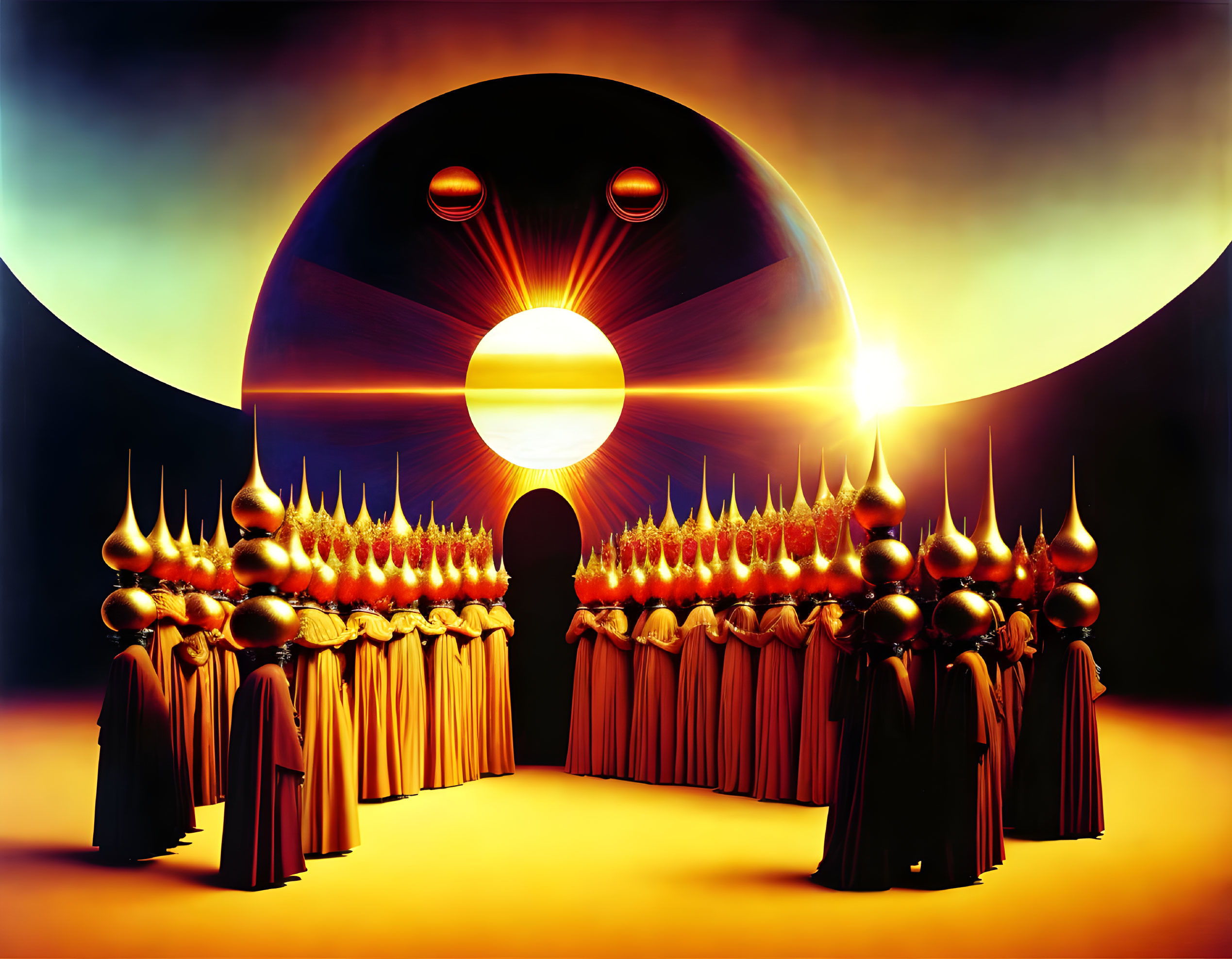 Robed figures gather around sun-like orb in surreal scene