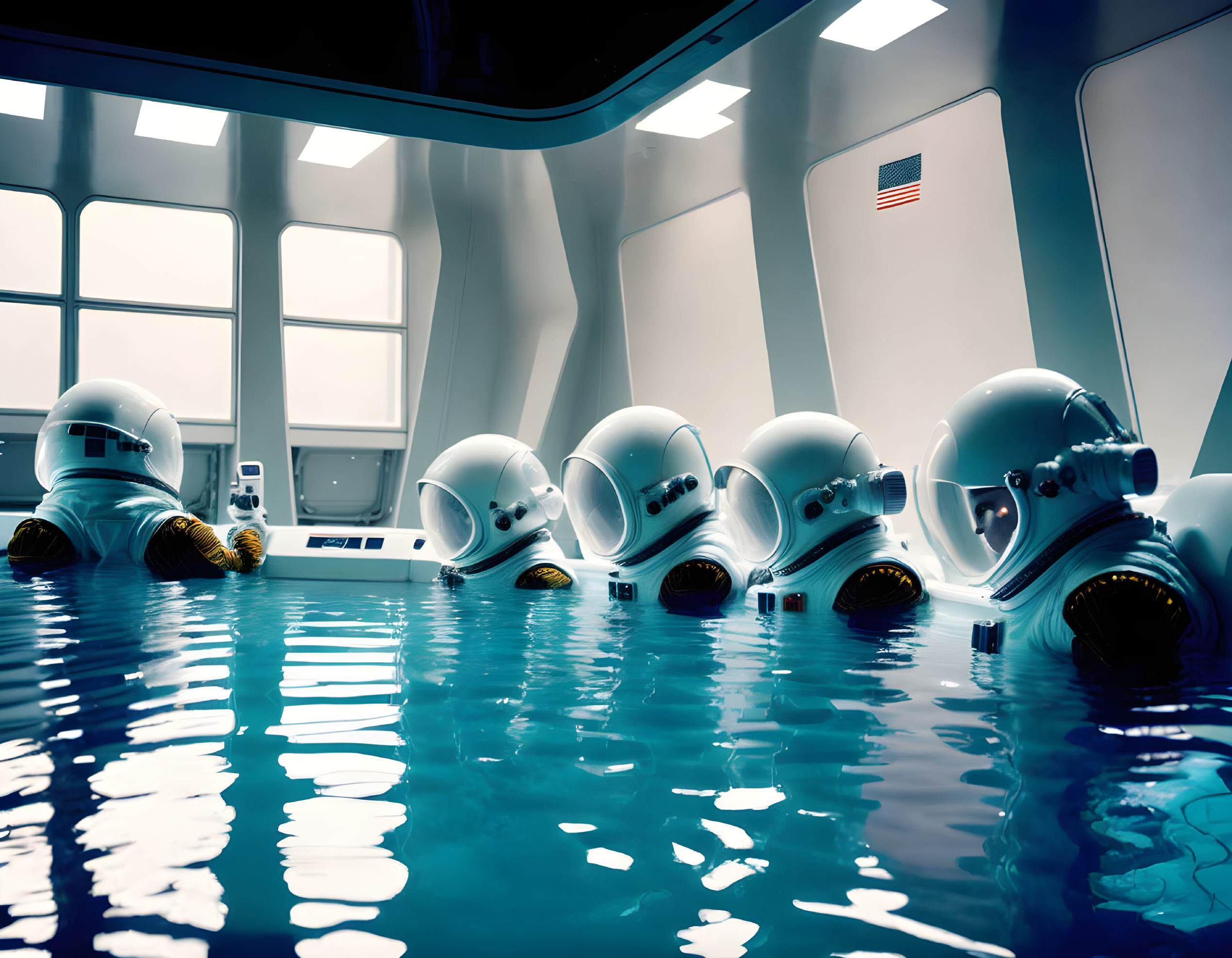 Astronaut helmets on reflective surface in futuristic spacecraft interior