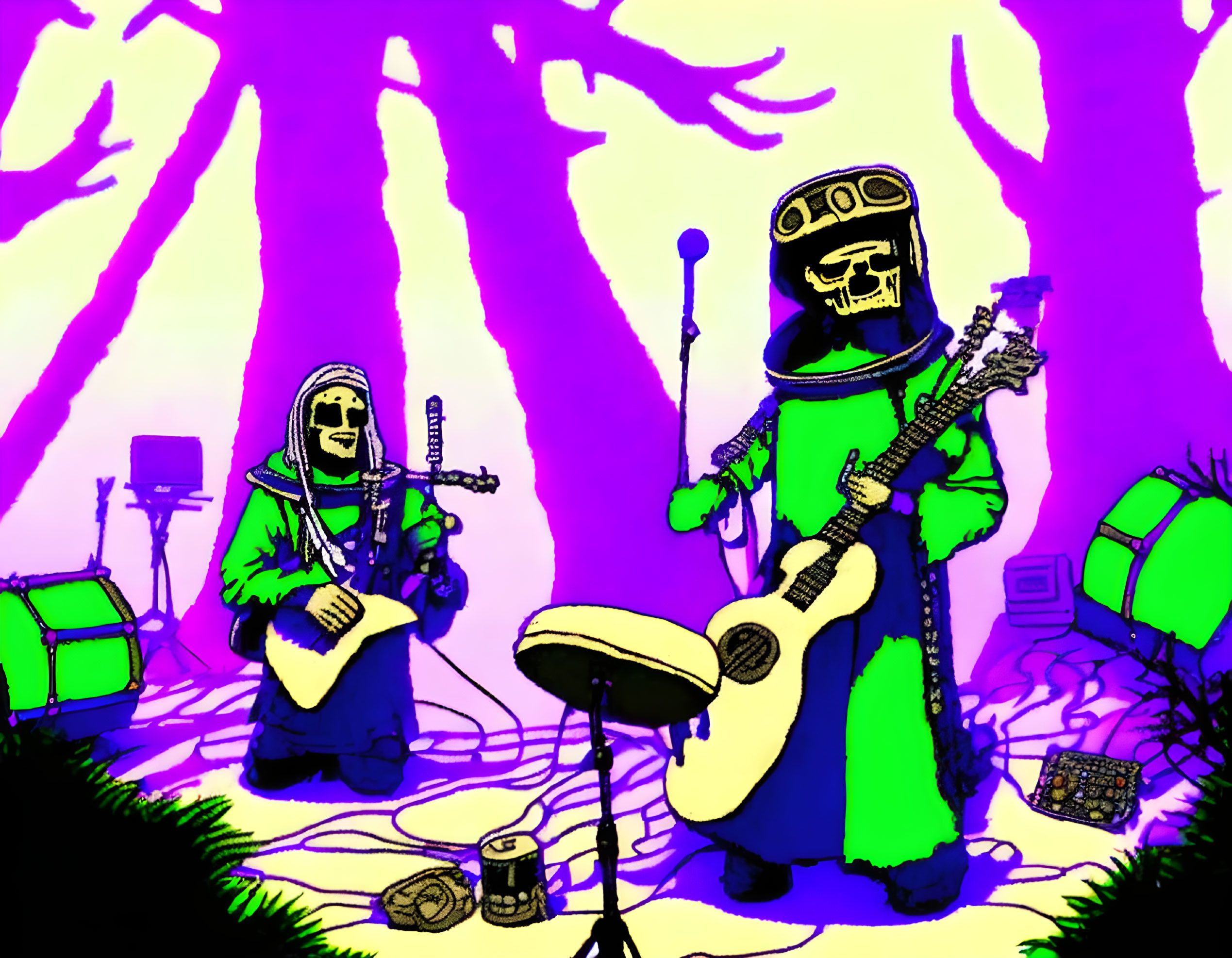 Stylized characters playing guitar and flute in a vivid purple forest setting