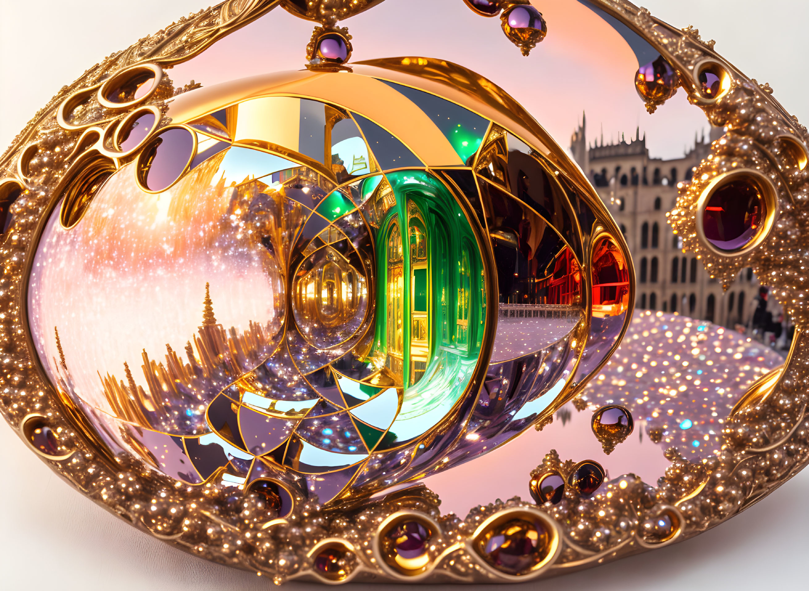 Golden mirror with surreal cityscape and iridescent colors