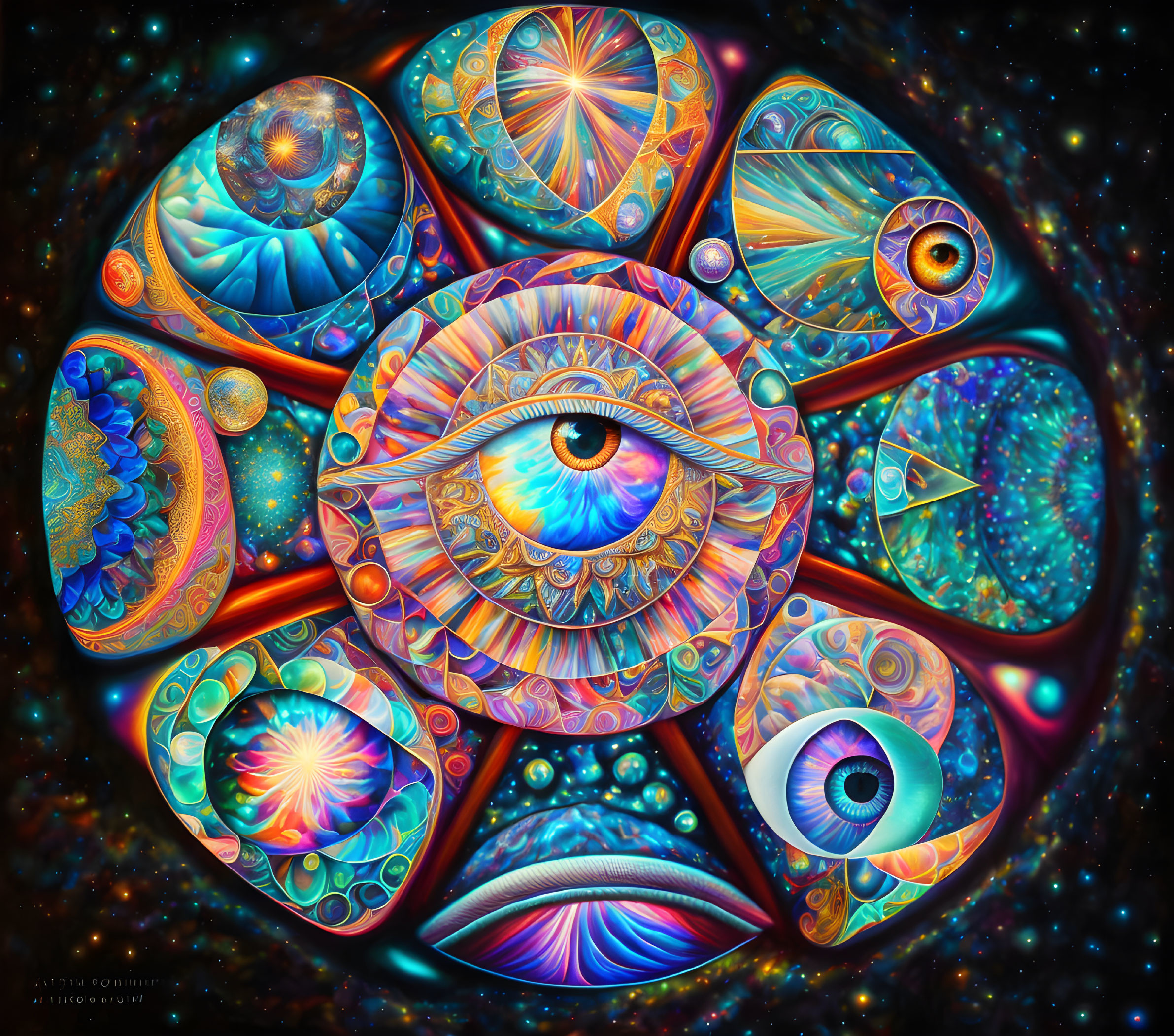 Colorful Psychedelic Artwork with Stylized Eyes in Cosmic Setting