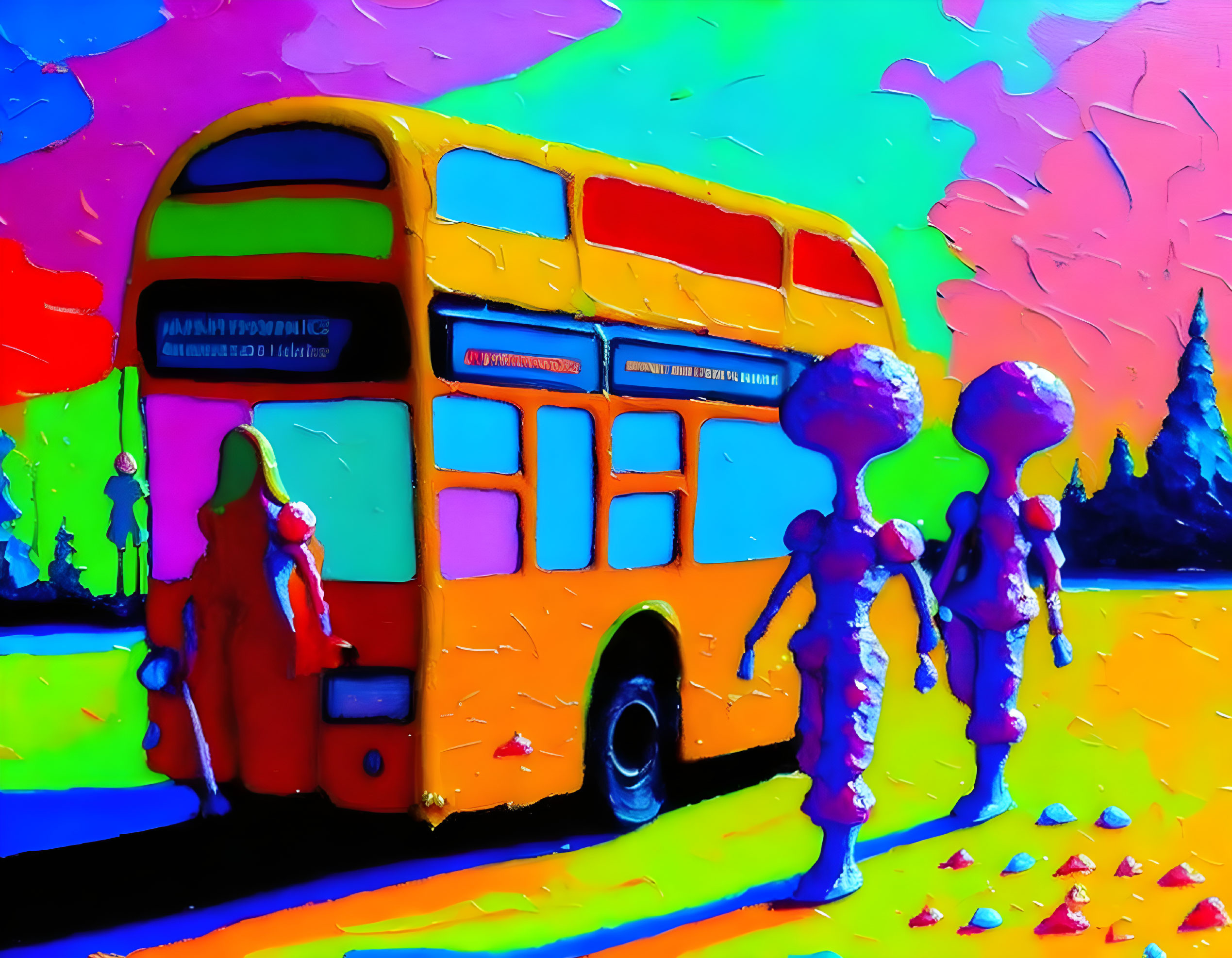 Colorful Stylized Image: Yellow Double-Decker Bus & Ice Cream Figures