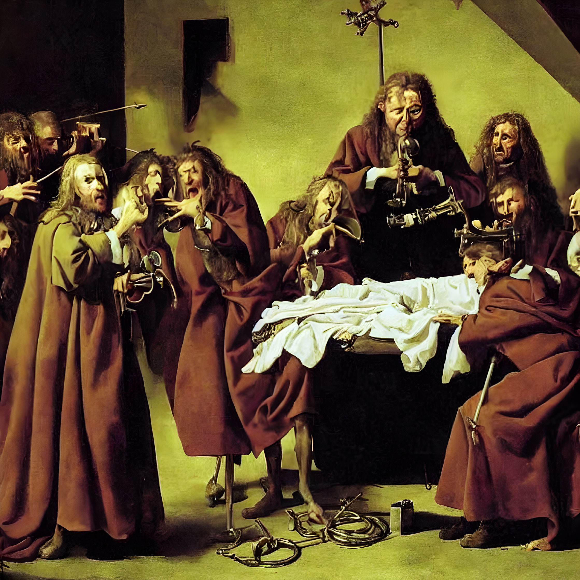 Group of robed figures performing autopsy on a body